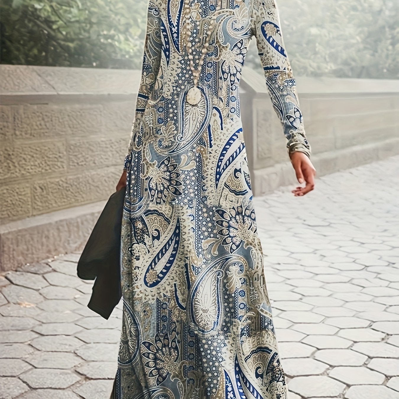 Paisley Print Maxi Dress, Boho Crew Neck Long Sleeve Maxi Dress, Women's Clothing