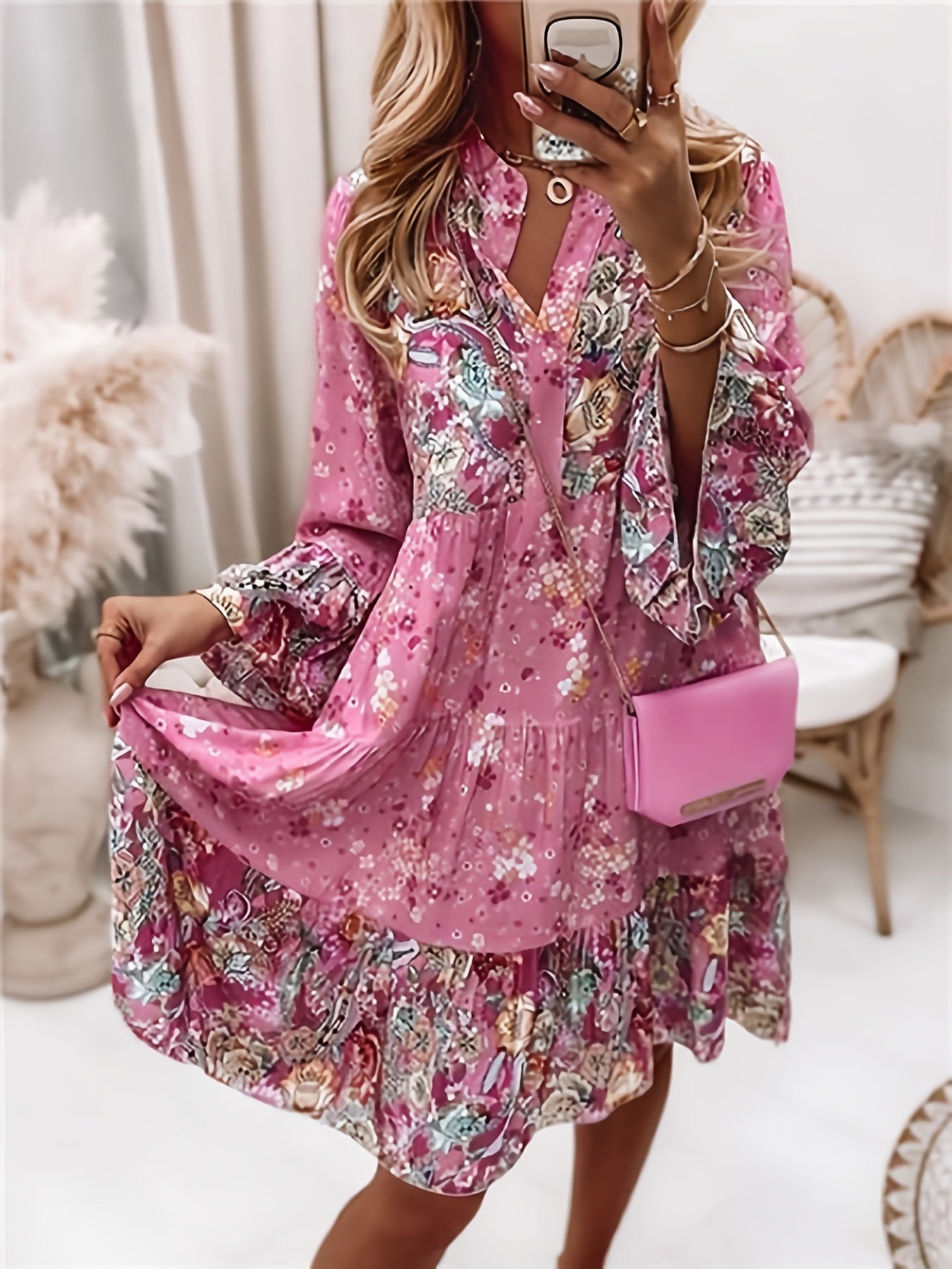 vlovelaw Floral Print Ruffle Hem Dress, Boho Holiday Long Sleeve V-neck Dress, Women's Clothing