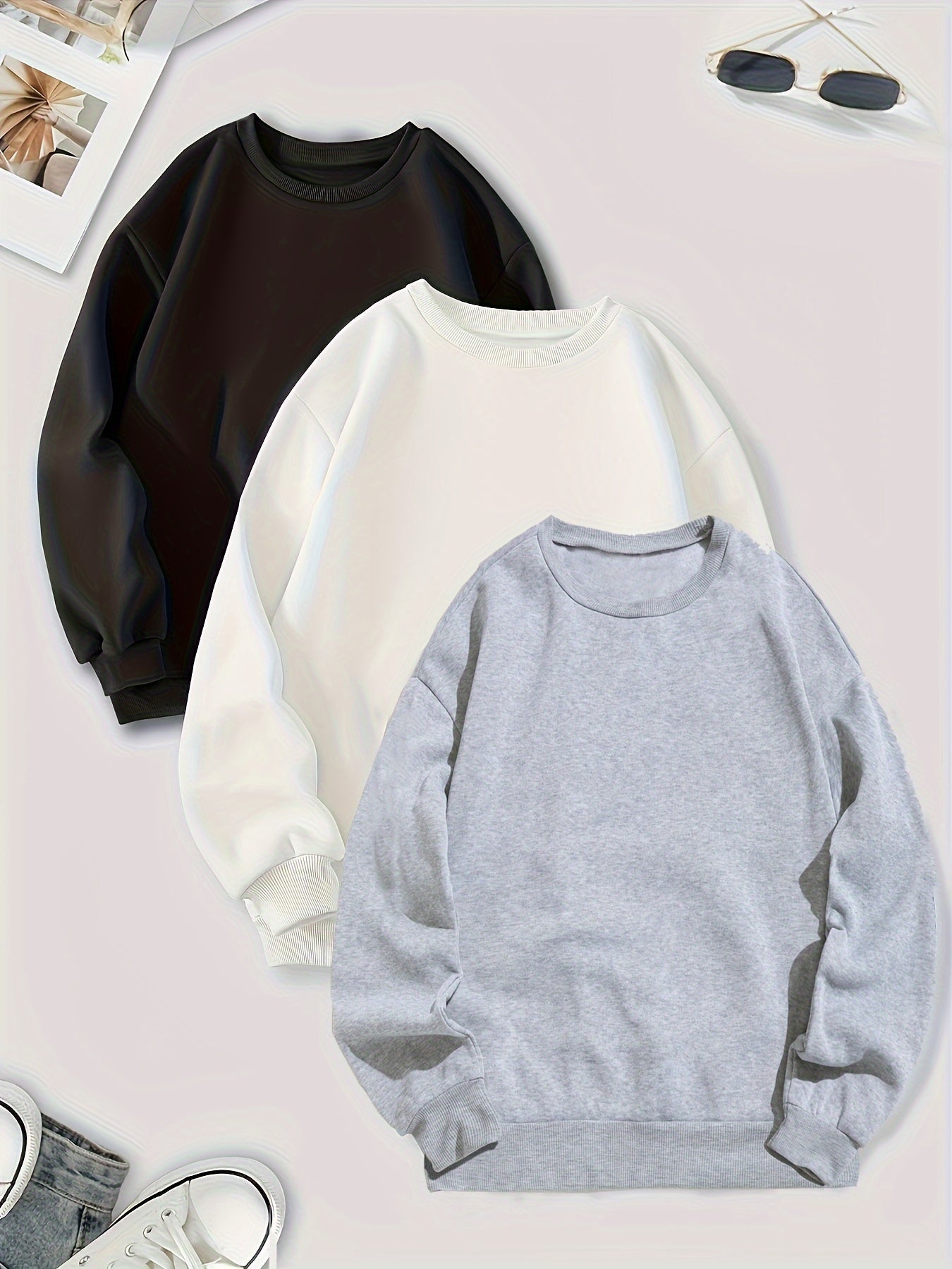 vlovelaw 3 Packs Mixed Color Pullover Sweatshirts, Casual Long Sleeve Crew Neck Sweatshirt, Women's Clothing
