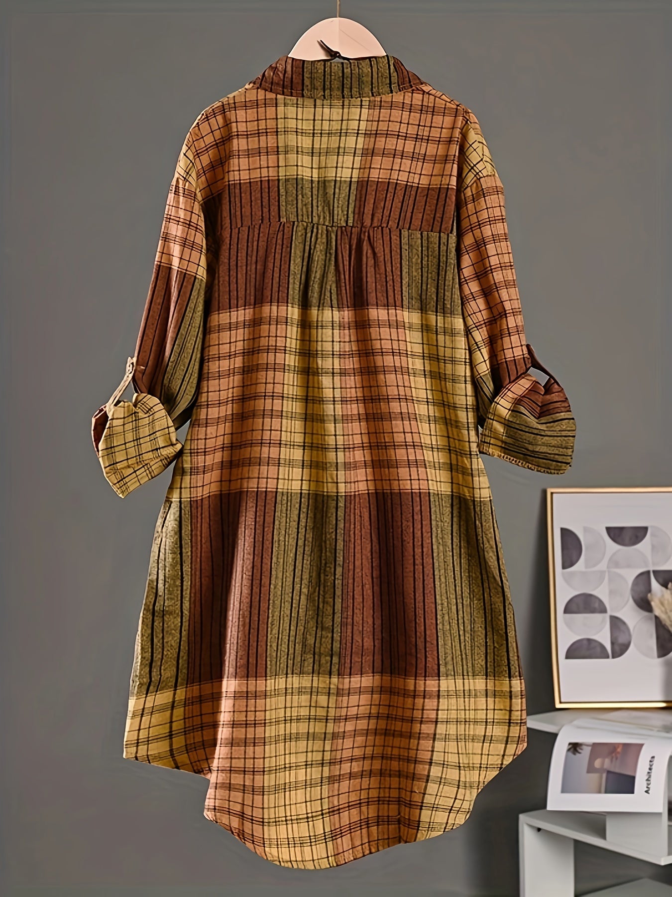 Colorblock Plaid Print Polo Collar Shirt, Casual Pocket Long Sleeve Shirt For Spring & Fall, Women's Clothing