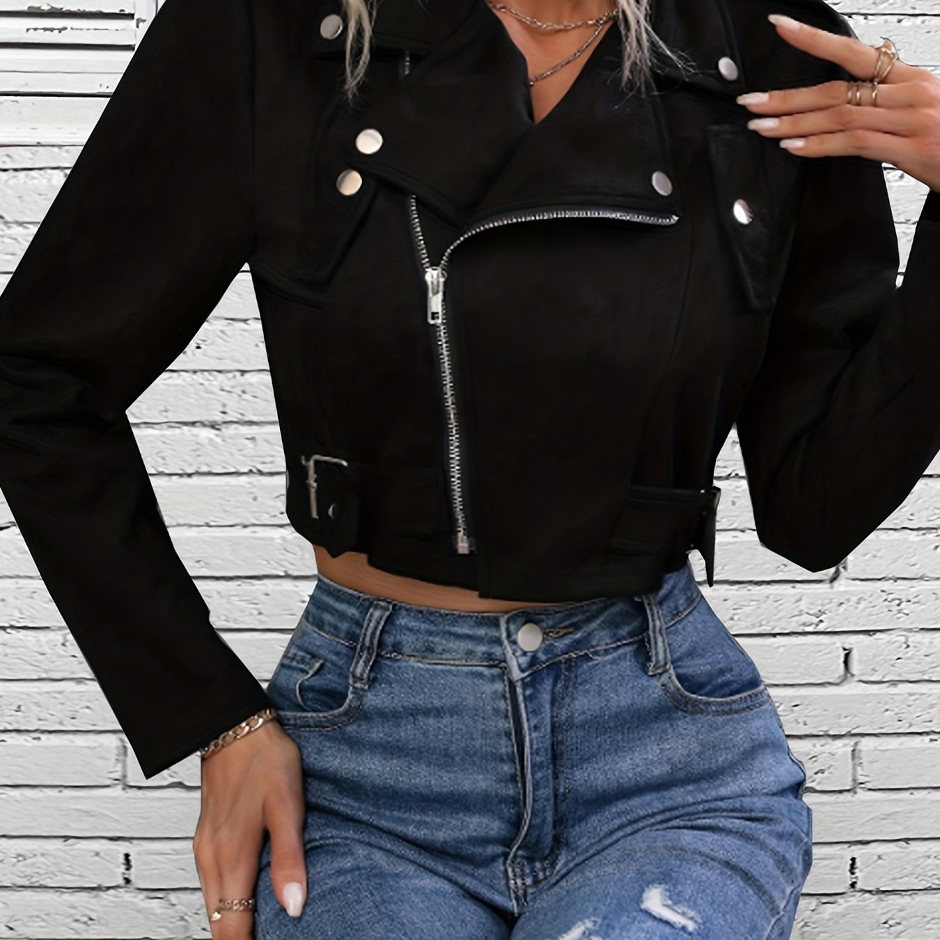 Solid Slant Zip Motor Jacket, Casual Long Sleeve Button Decor Crop Jacket For Spring & Fall, Women's Clothing