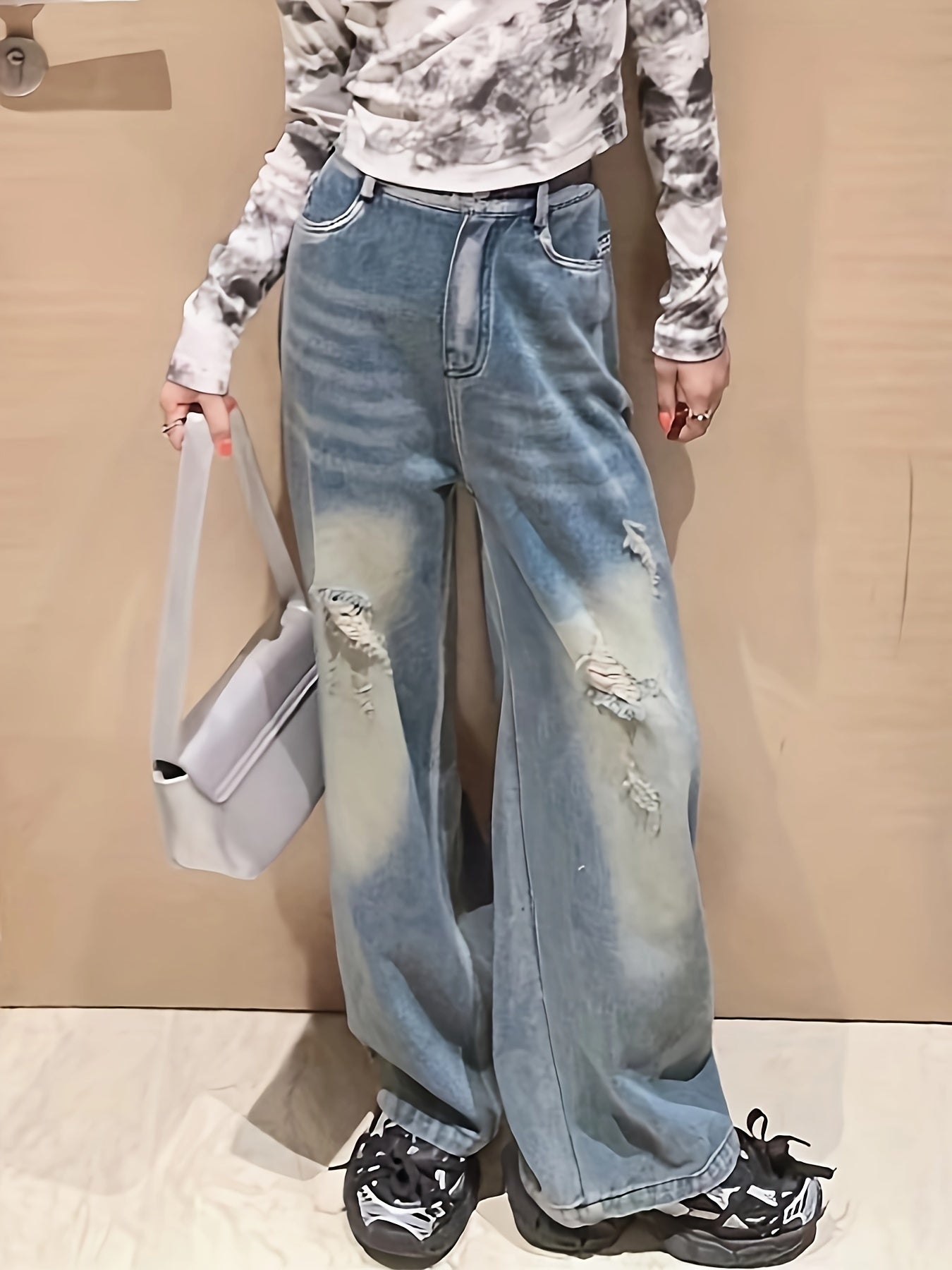 vlovelaw Girls Vintage High Waist Ripped Jeans Baggy & Casual Style Denim Trousers For Street Going Out