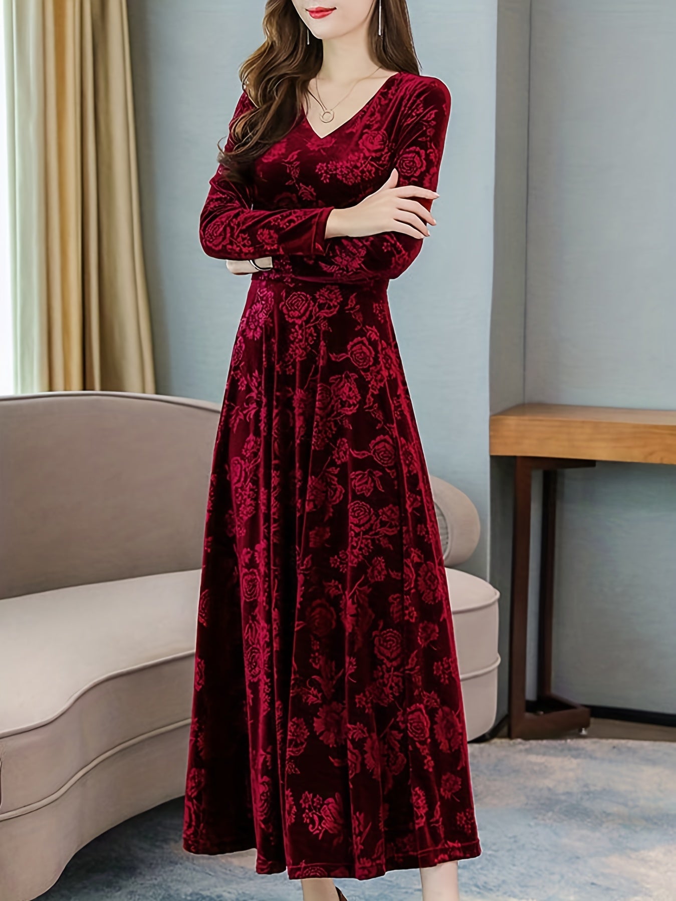 vlovelaw Floral Pattern Maxi Dress, Elegant V Neck Long Sleeve Dress, Women's Clothing