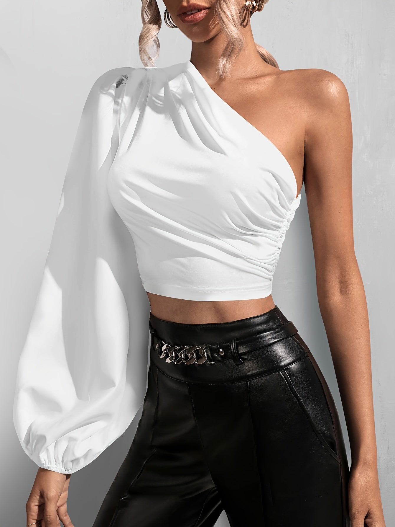 Solid Ruched One Shoulder Blouse, Casual Long Sleeve Blouse For Spring & Fall, Women's Clothing