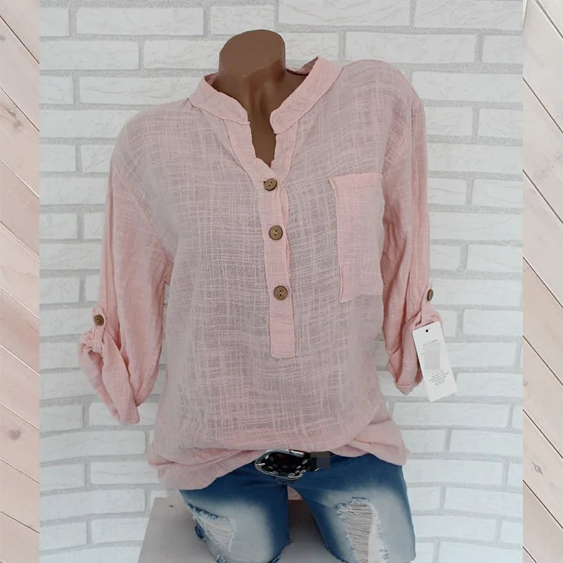 Womens Blouses Shirts Oversized Women Cotton Linen Blouse Autumn Casual Long Sleeve Button V Neck Loose Shirt Lady Tops 230519