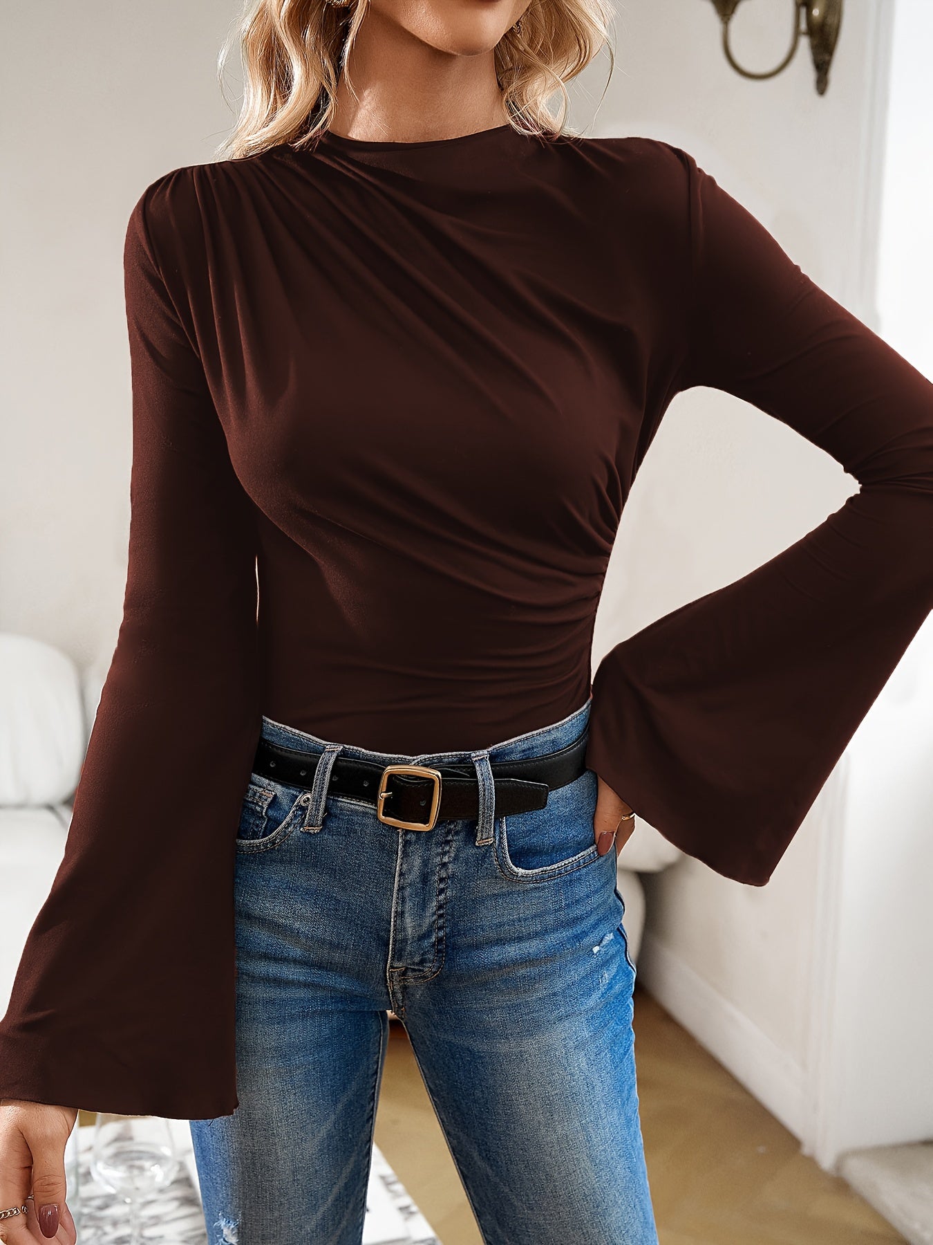 Ruched Boat Neck T-Shirt, Elegant Long Flare Sleeve Top For Spring & Fall, Women's Clothing