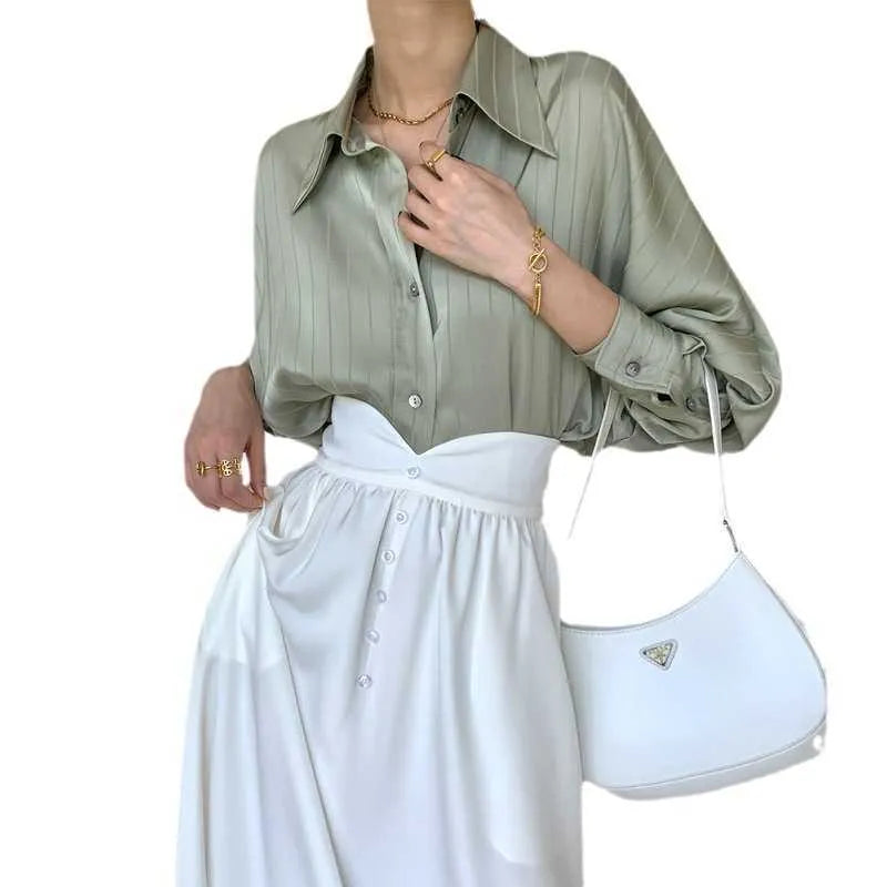 Women's Blouses Shirts Satin Silk Blouse Women Elegant Lapel Button Up Shirt Long Sleeve Fashion Pleats Tunic Tops Casual Party Blusa Mujer T230508