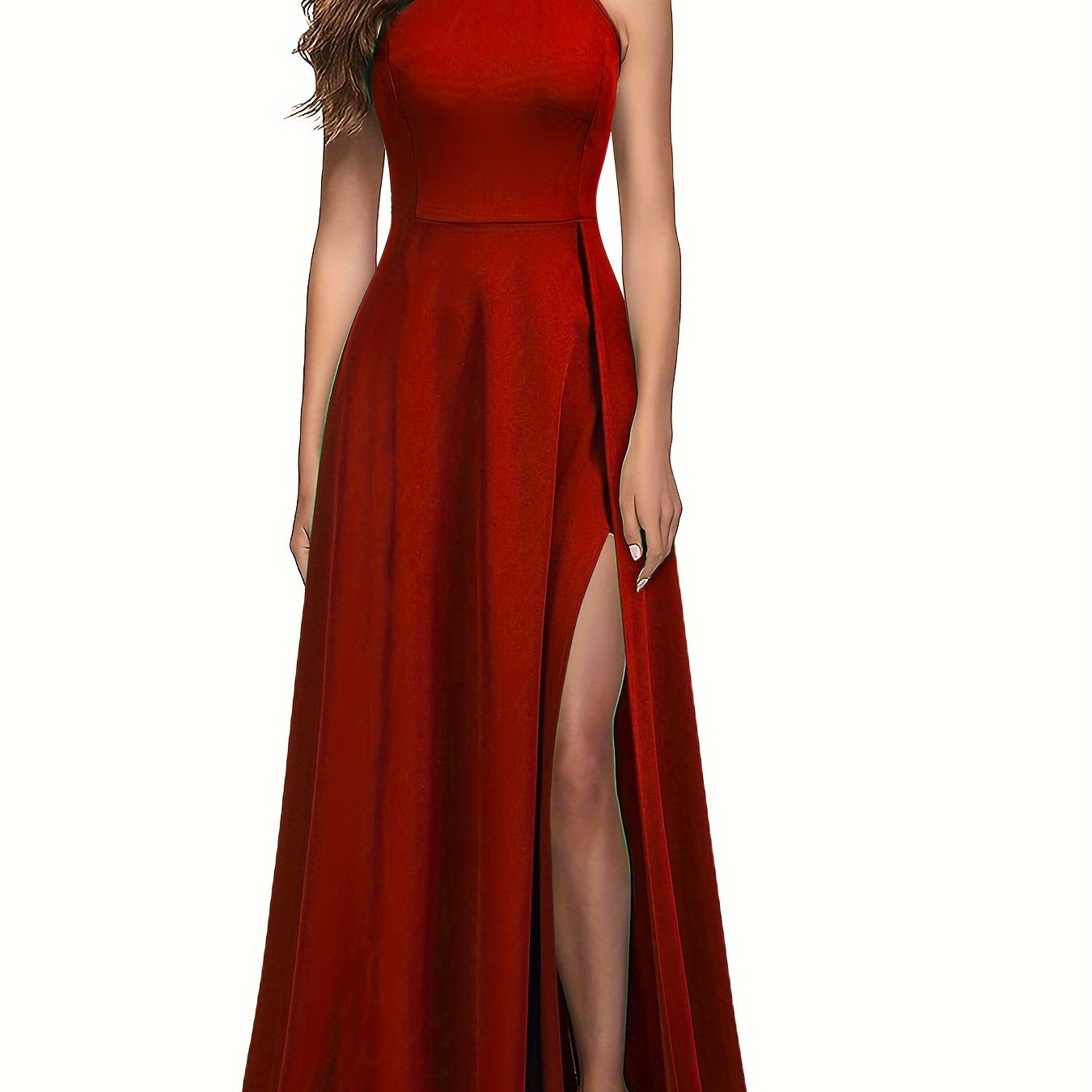 vlovelaw Split Thigh Mock Neck Dress, Elegant Sleeveless Solid Maxi Dress, Women's Clothing