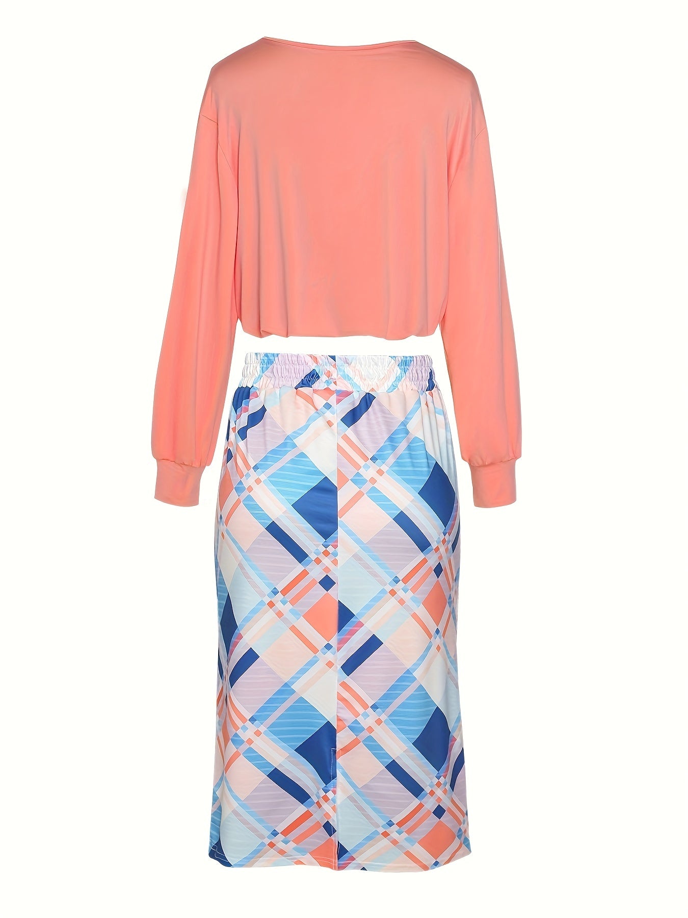 vlovelaw Casual Stylish Two-piece Set, Solid Long Sleeve Tops & Plaid Print Drawstring Midi Skirts Outfits, Women's Clothing