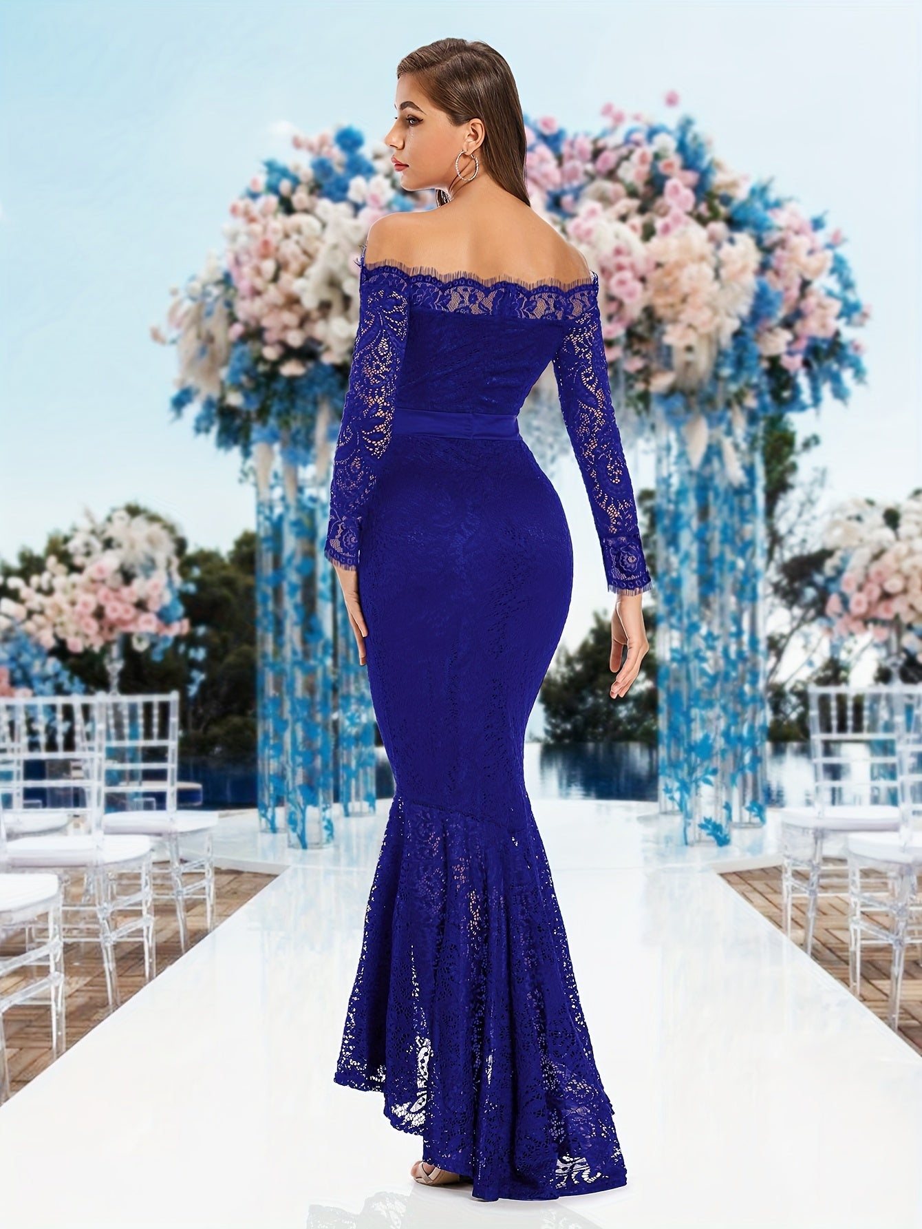 Contrast Lace Off-shoulder Mermaid Dress, Elegant Long Sleeve Cinched Waist Dress For Party & Banquet, Women's Clothing