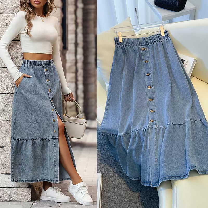 vlovelaw Blue Ruffle Hem Denim Midi Skirt, Single Breasted Button Washed Elegant Denim Skirt, Women's Denim Clothing