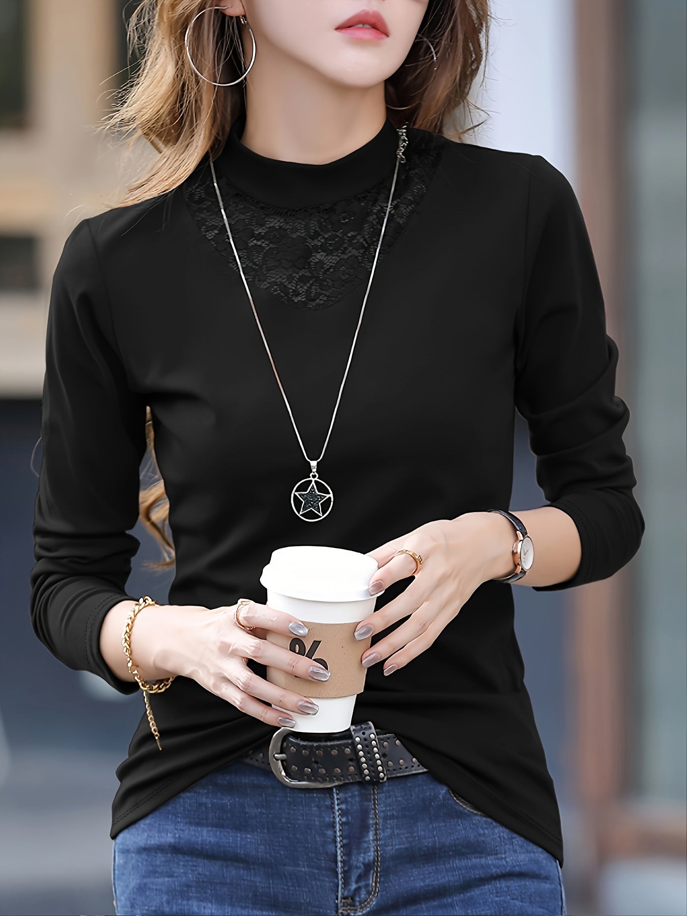 vlovelaw Solid Long Sleeve Lace T-Shirt, Casual Every Day Top For Spring & Fall, Women's Clothing