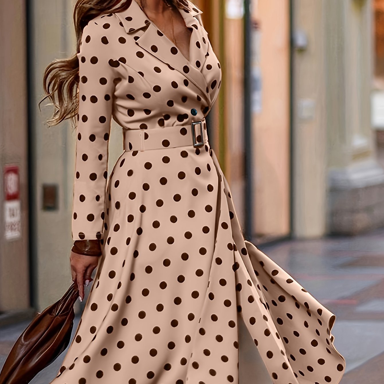vlovelaw Plus Size Elegant Dress, Women's Plus Polka Dot Print Long Sleeve Lapel Collar Nipped Waist Dress