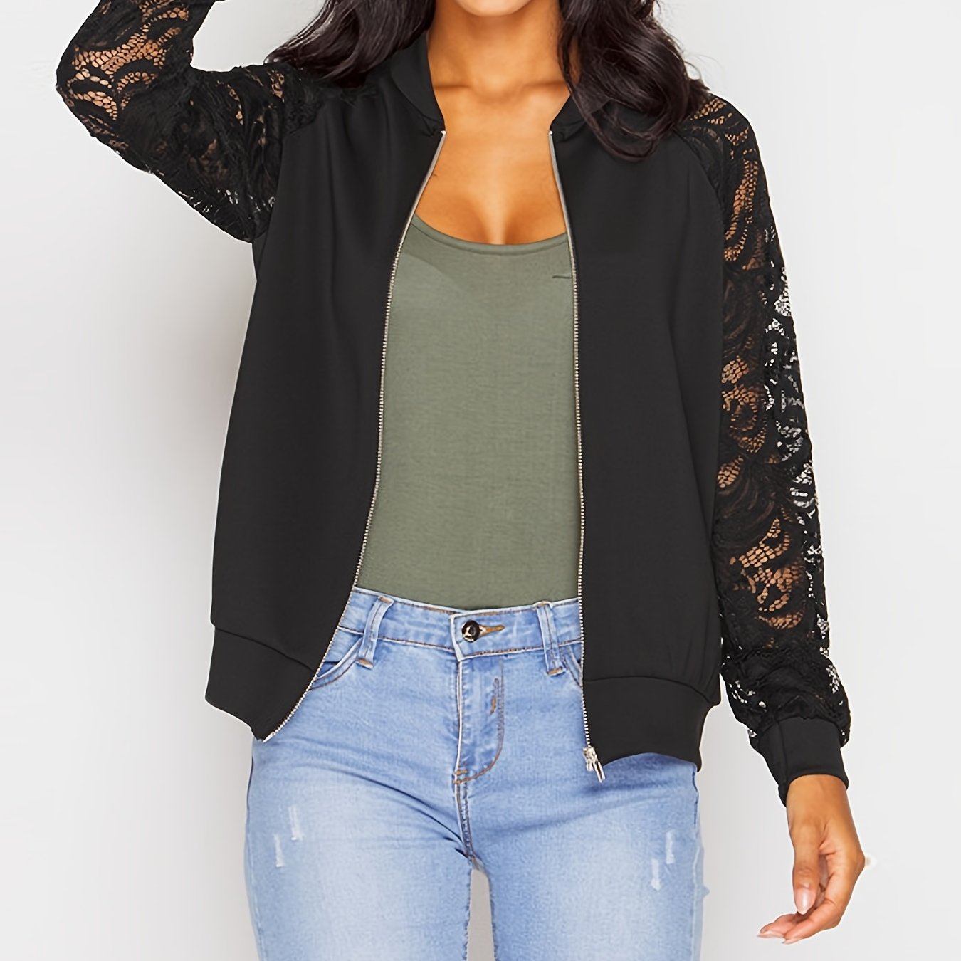 vlovelaw  Solid Zipper Up Raglan Shoulder Jacket, Casual Long Lace Sleeve Jacket For Spring & Fall, Women's Clothing