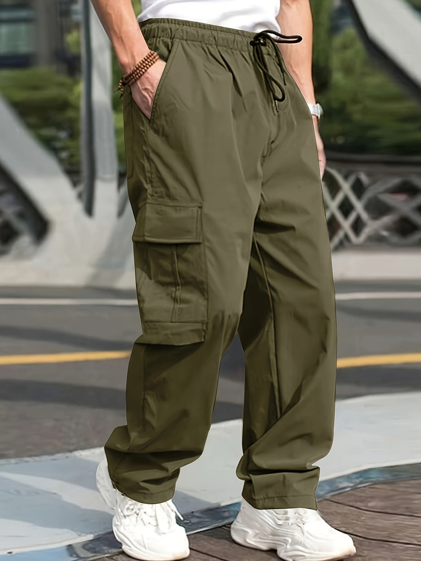 vlovelaw Trendy Solid Cargo Pants, Men's Multi Flap Pocket Trousers, Loose Casual Outdoor Pants, Men's Work Pants Outdoors Streetwear Hip Hop Style