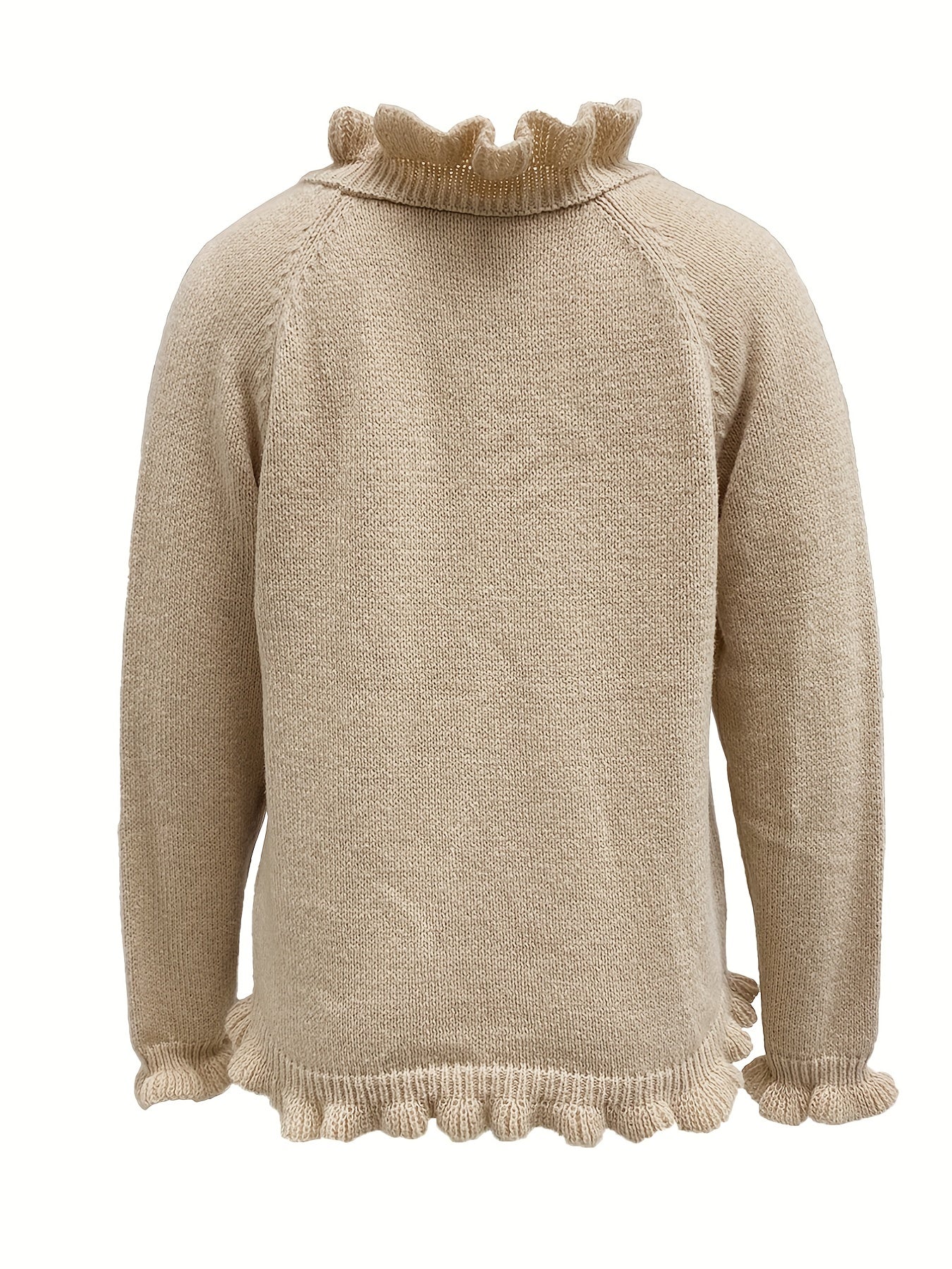 vlovelaw Solid V Neck Button Ruffle Hem Pullover Sweater, Casual Long Sleeve Sweater For Fall & Winter, Women's Clothing