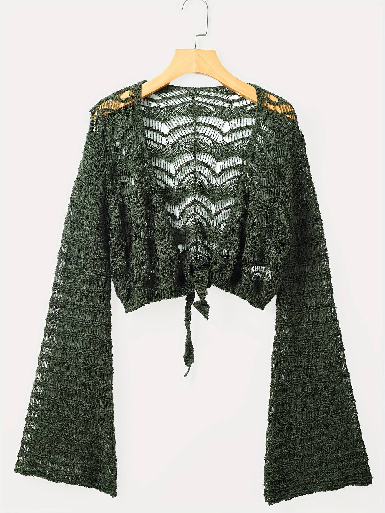vlovelaw vlovelaw Crochet Cropped Knit Cardigan, Boho Flared Sleeve Solid Sweater, Women's Clothing