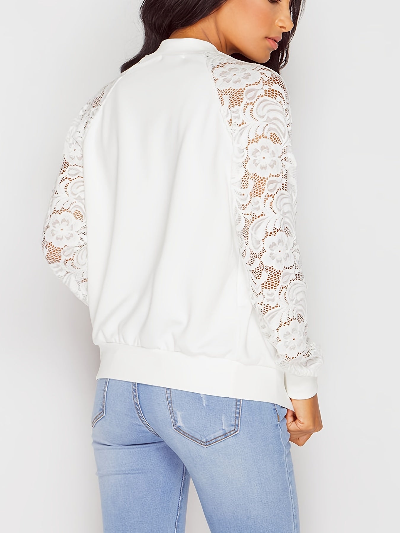 vlovelaw  Solid Zipper Up Raglan Shoulder Jacket, Casual Long Lace Sleeve Jacket For Spring & Fall, Women's Clothing