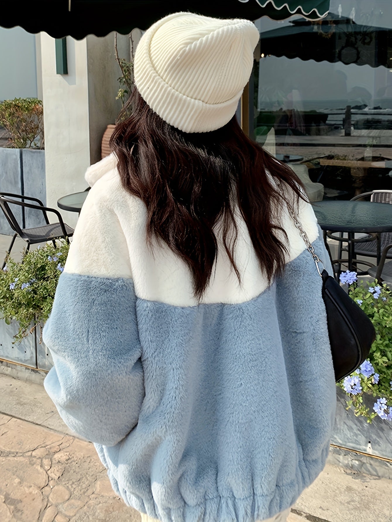 vlovelaw Color Block Zip-up Plush Coat, Casual Thermal Heart Patch Long Sleeve Drawstring Coat For Fall & Winter, Women's Clothing