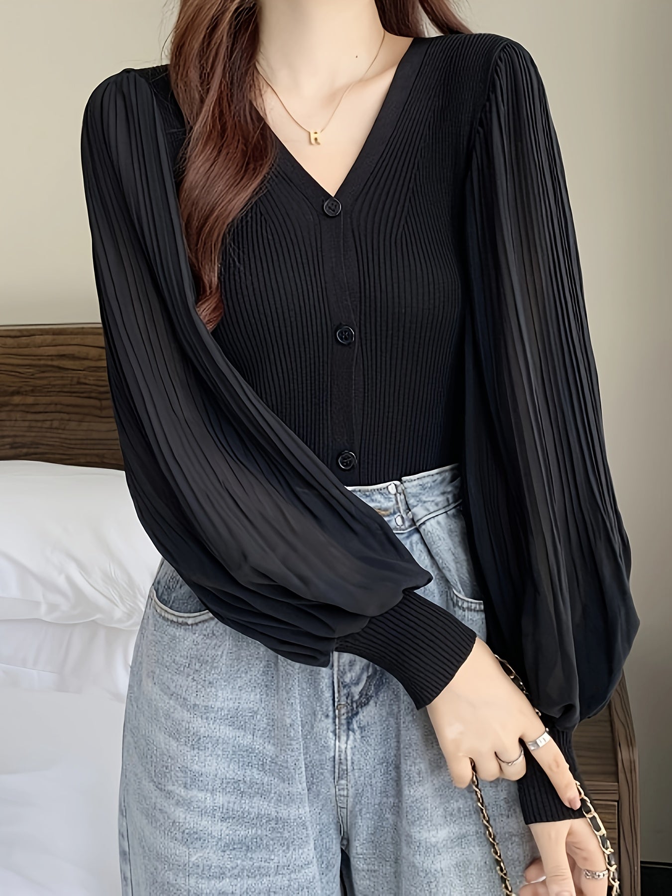 vlovelaw Solid Color Button Front Top, V Neck Slim Long Sleeve Cardigans Top For Spring & Fall, Women's Clothing