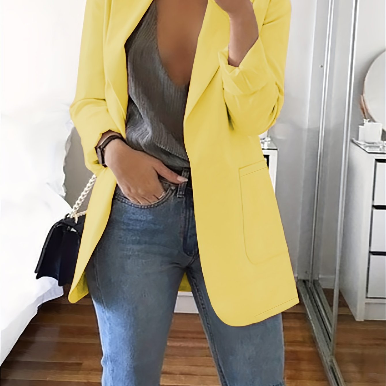Solid Lapel Blazer, Casual Long Sleeve Open Front Work Office Outerwear, Women's Clothing