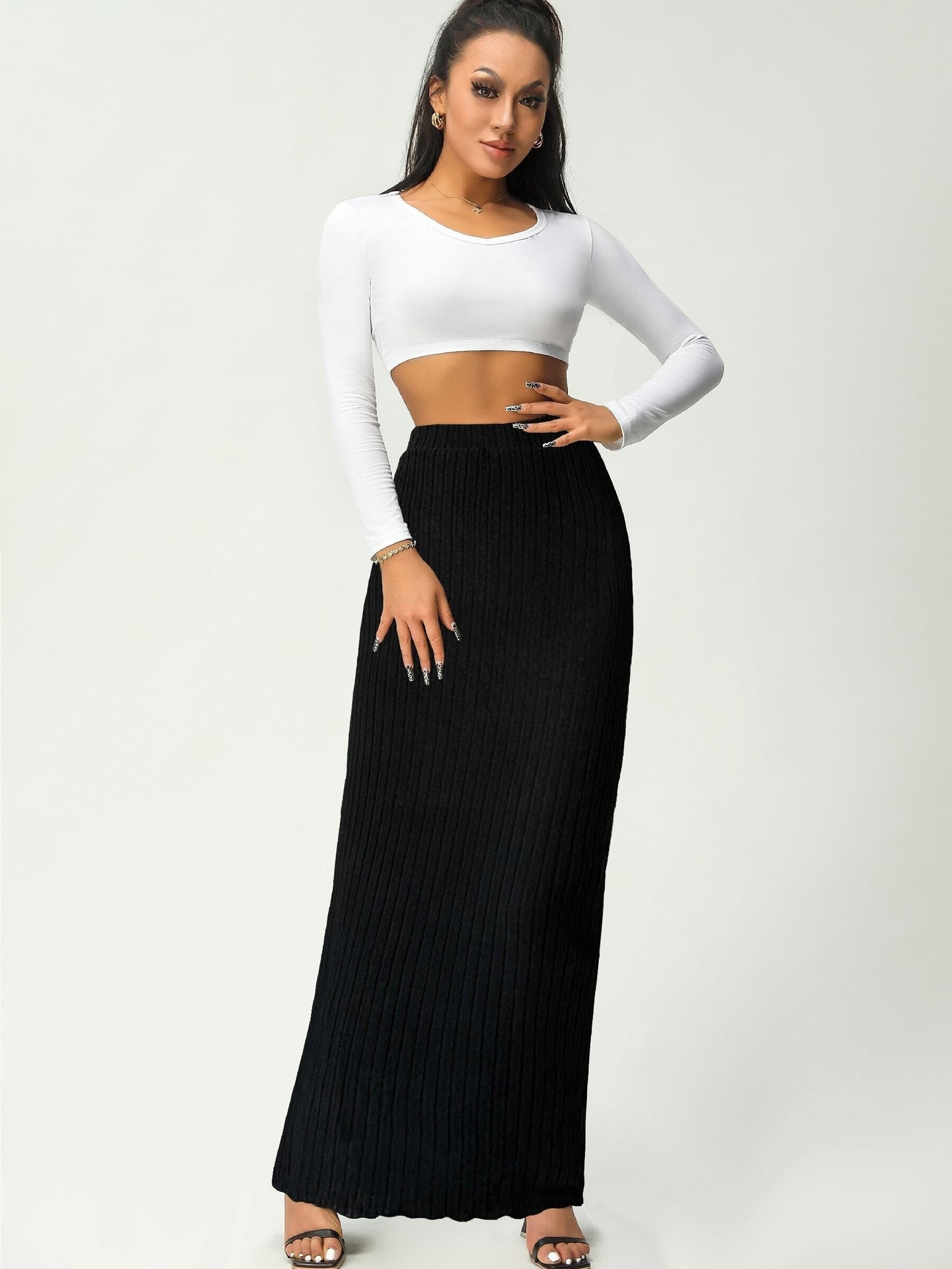 Solid Scallop Trim High Waist Skirt, Elegant Long Length Skirt For Spring & Fall, Women's Clothing