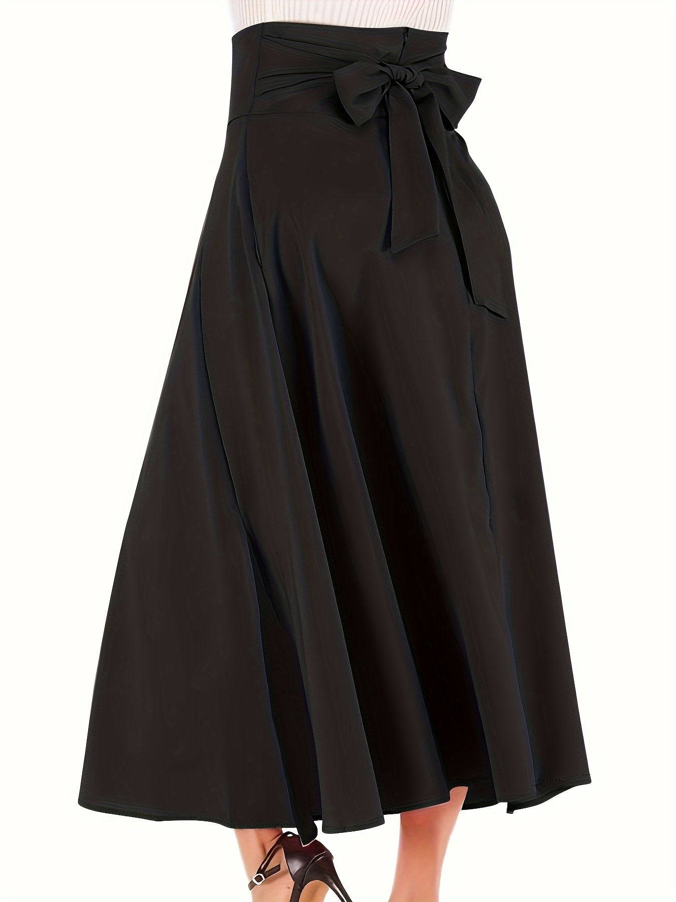 Plus Size Casual Skirt, Women's Plus Solid High Rise Belted Zipper Back A-line Skirt