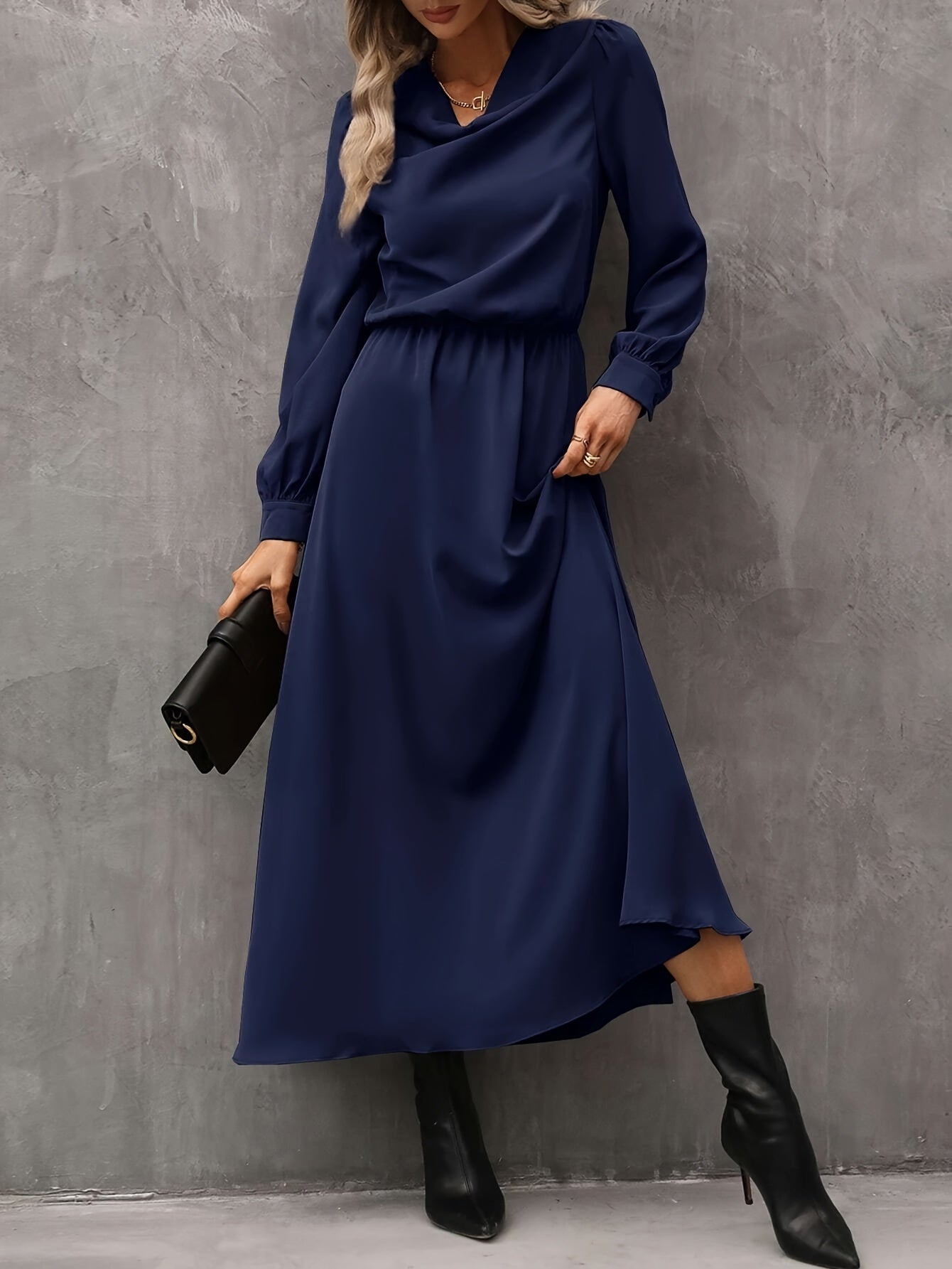 vlovelaw Cowl Neck Solid Midi Dress, Elegant Long Sleeve A Line Dress, Women's Clothing