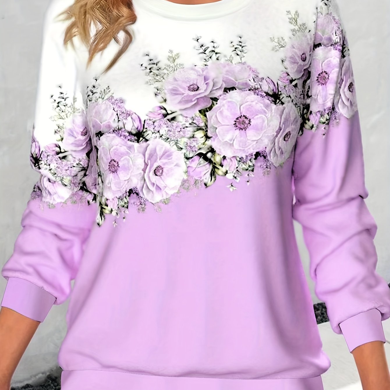vlovelaw Crew Neck Flowers Print Sweatshirt, Casual Sports Running Long Sleeve Tops, Women's Clothing