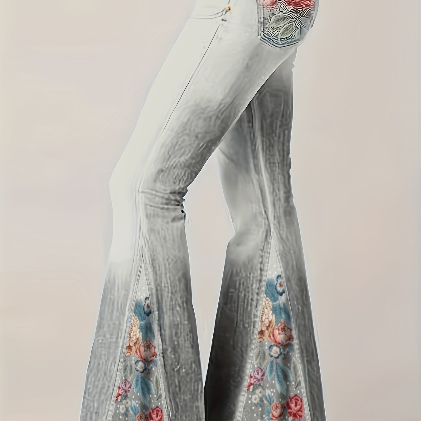 vlovelaw Plus Size Casual Trousers, Women's Plus Denim Print Slight Stretch Contrast Floral Panel Flare Pants