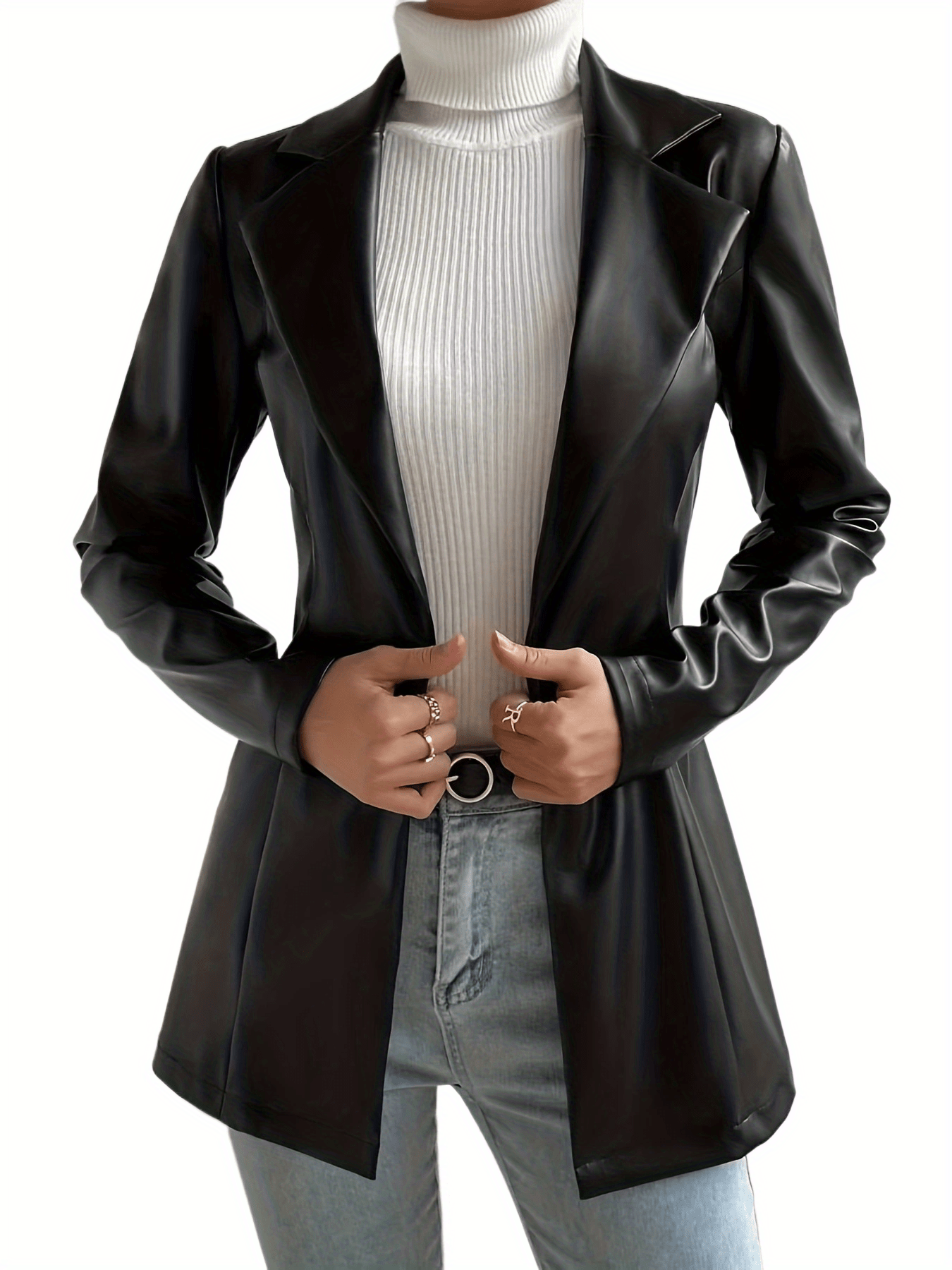 vlovelaw One Button PU Jacket, Elegant Lapel Open Front Long Sleeve Outerwear, Women's Clothing