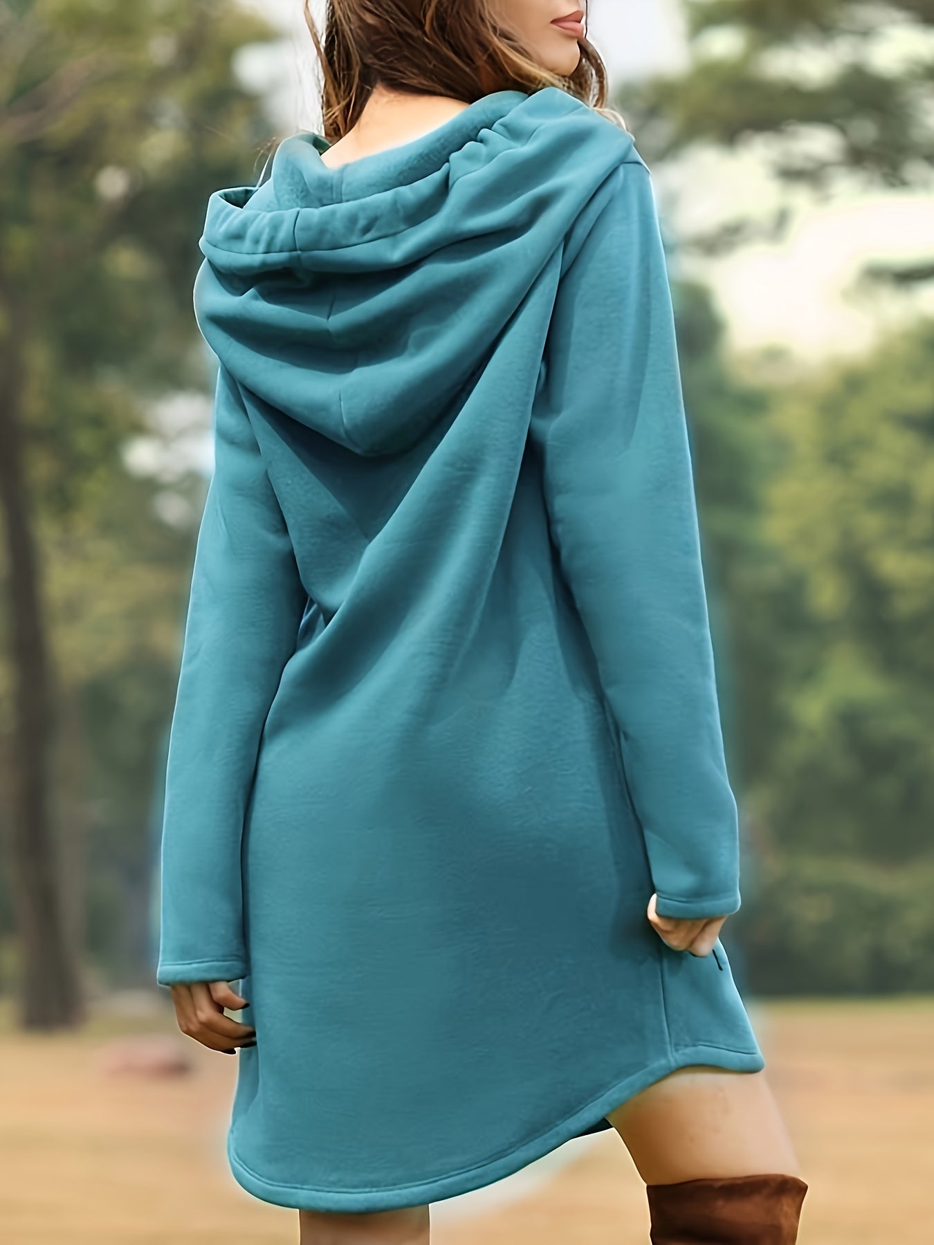 Solid Drawstring Pocket Hooded Dress, Casual Long Sleeve Dress For Spring & Fall, Women's Clothing