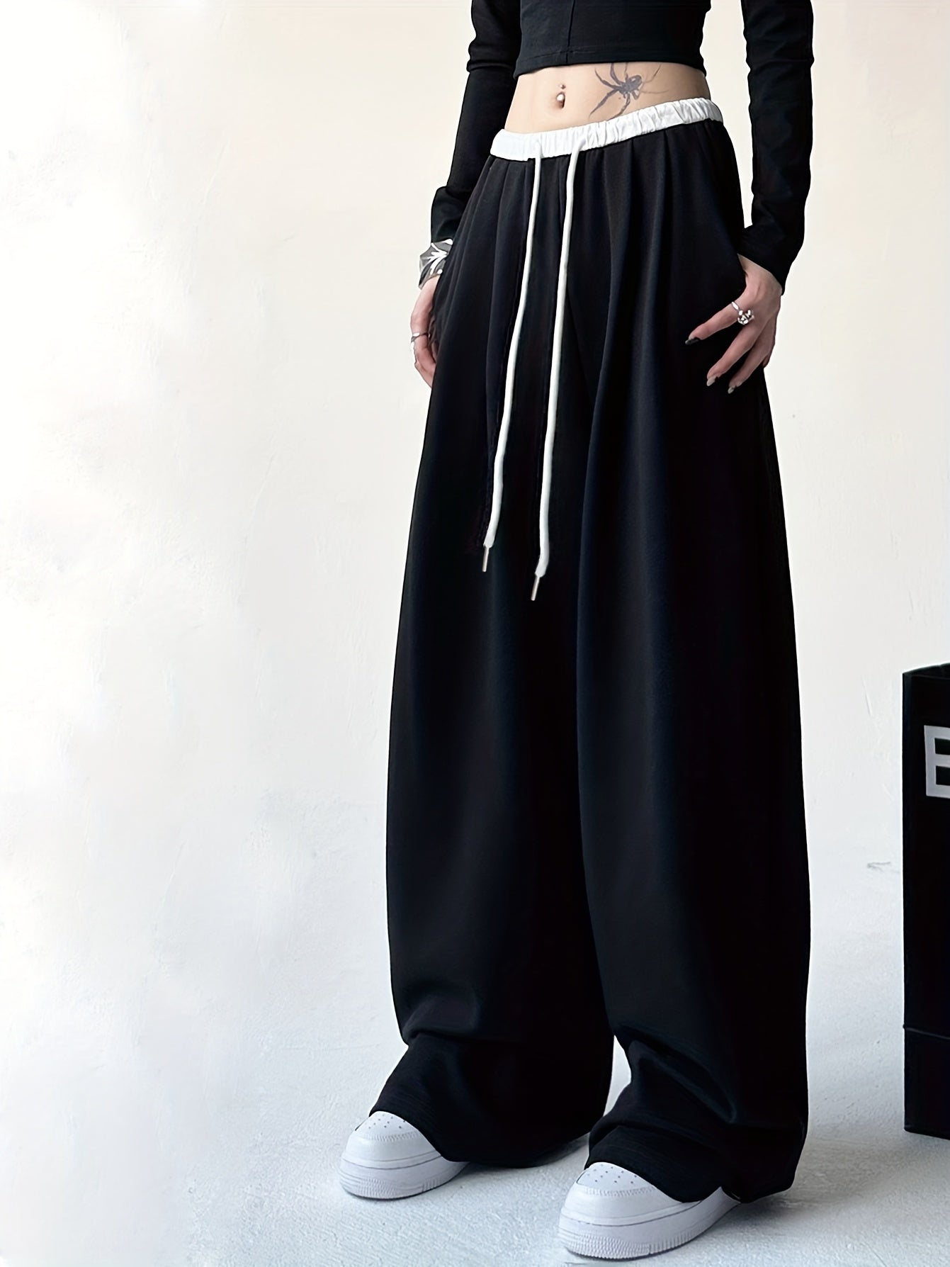 vlovelaw Color Block Wide Leg Pants, Casual Drawstring Loose Slant Pockets Pants For Spring & Fall, Women's Clothing