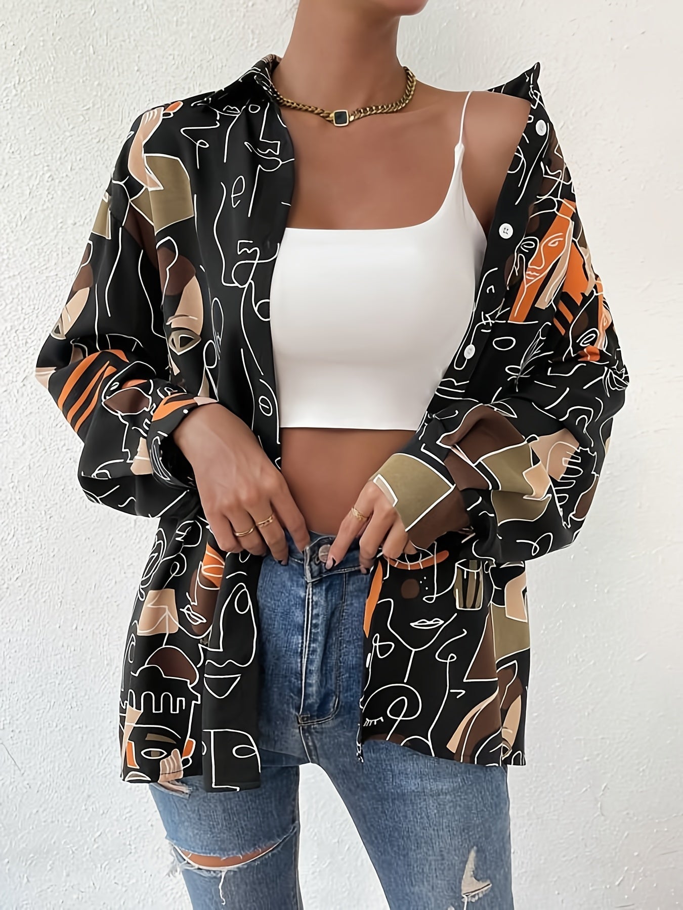Abstract Graphic Print Shirt, Casual Button Front Long Sleeve Shirt, Women's Clothing