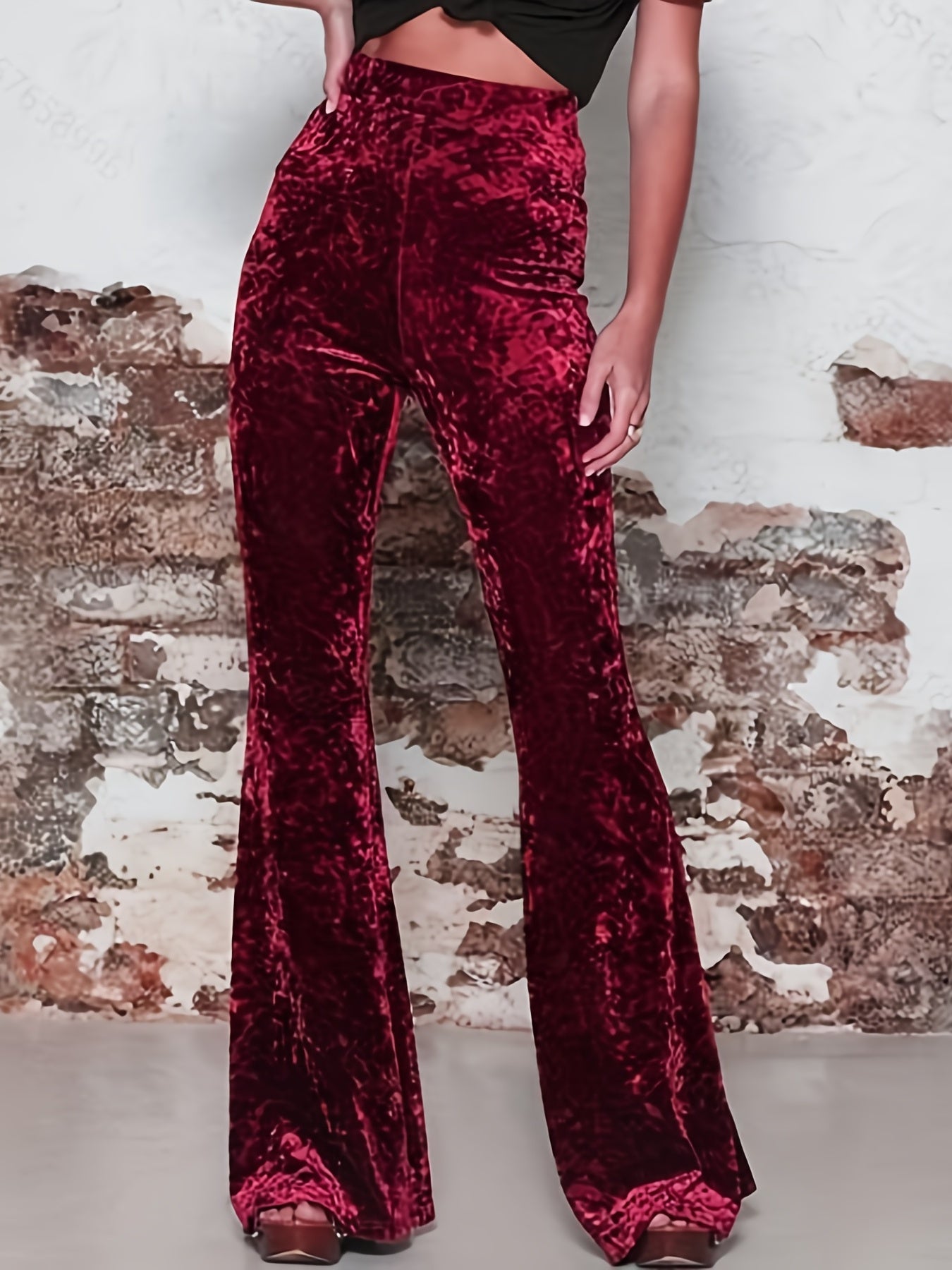 vlovelaw High Waist Solid Velvet Pants, Boho Every Day Flare Leg Pants For All Season, Women's Clothing