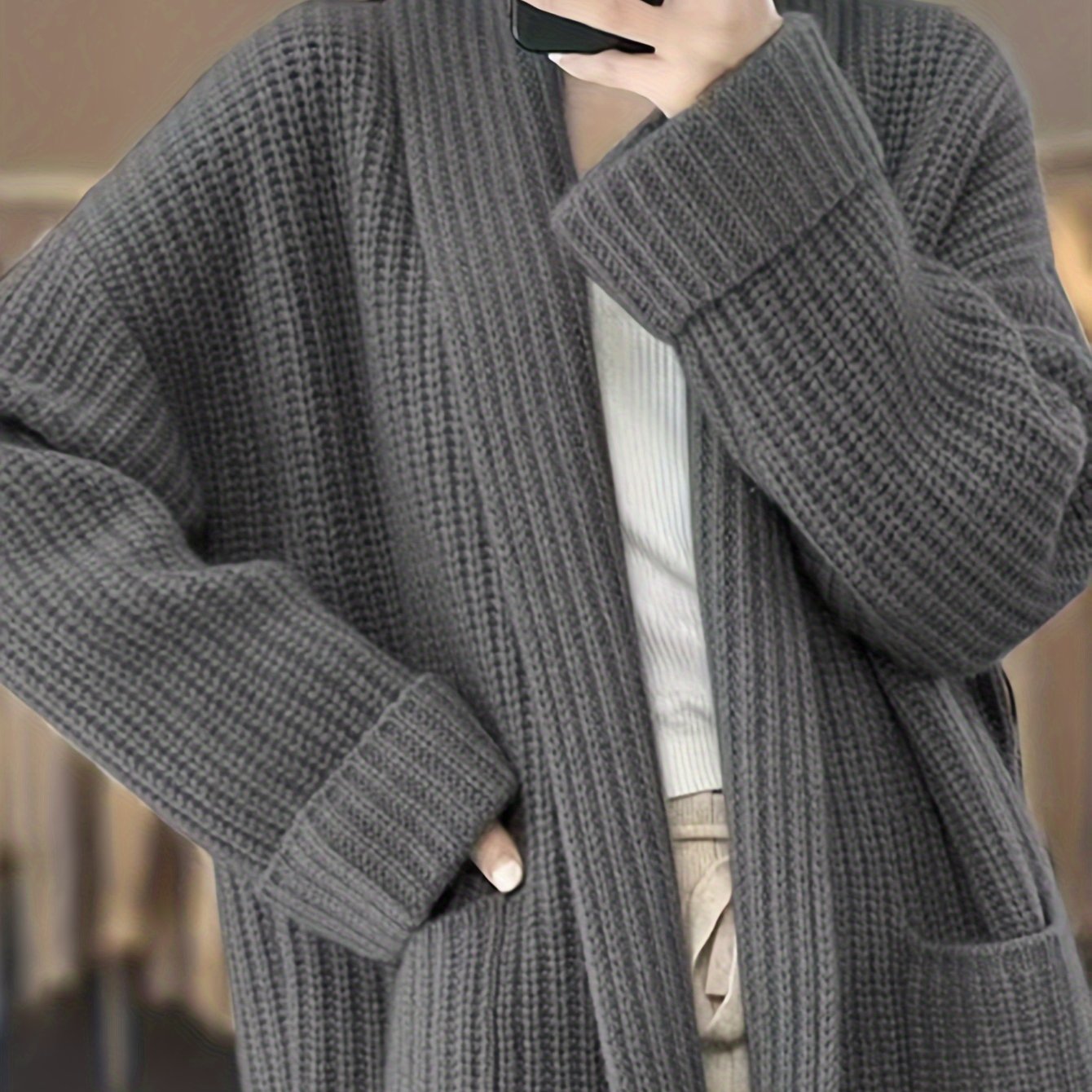 vlovelaw Solid Open Front Knit Cardigan, Casual Long Sleeve Oversized Sweater Coat With Pocket, Women's Clothing