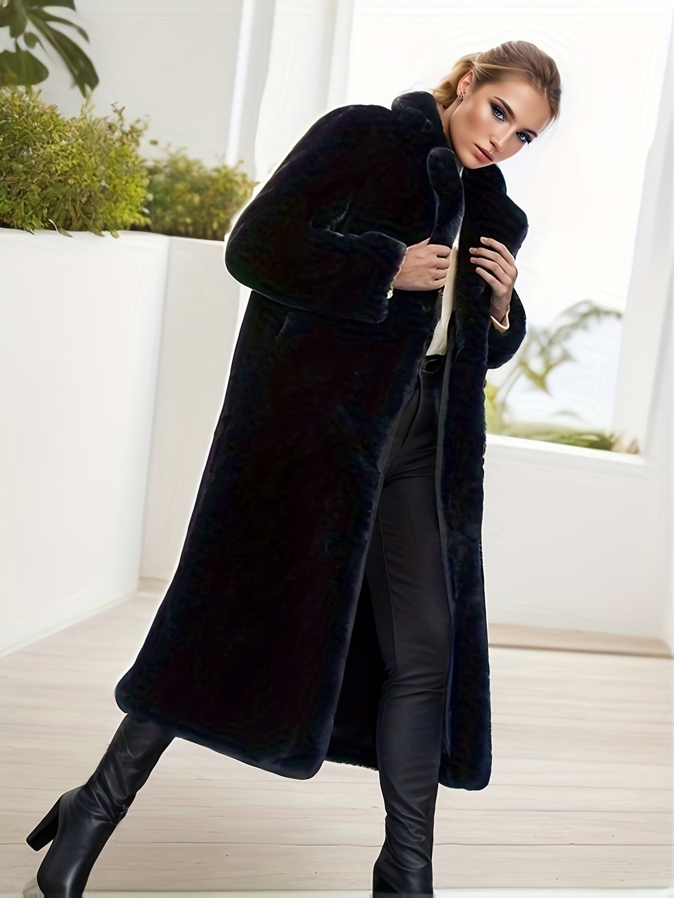 vlovelaw Open Front Fuzzy Coat, Casual Thermal Long Sleeve Midi Length Coat For Winter, Women's Clothing