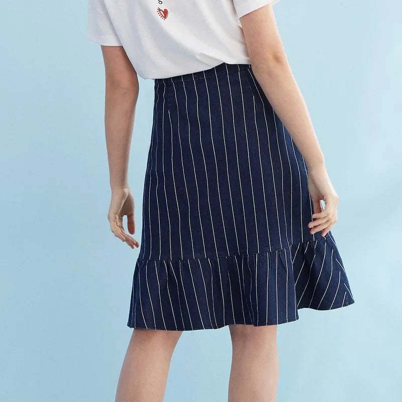 Striped Button Front Bodycon Skirt, Casual High Waist Ruffle Midi Skirt, Women's Clothing