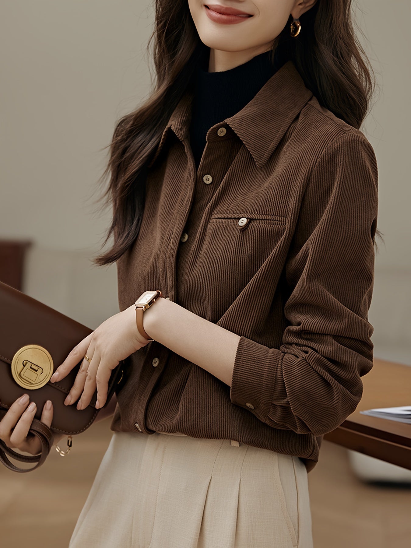 Ribbed Polo Collar Button Shirt, Elegant Long Sleeve Shirt For Spring & Fall, Women's Clothing