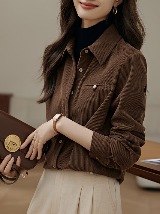 Ribbed Polo Collar Button Shirt, Elegant Long Sleeve Shirt For Spring & Fall, Women's Clothing