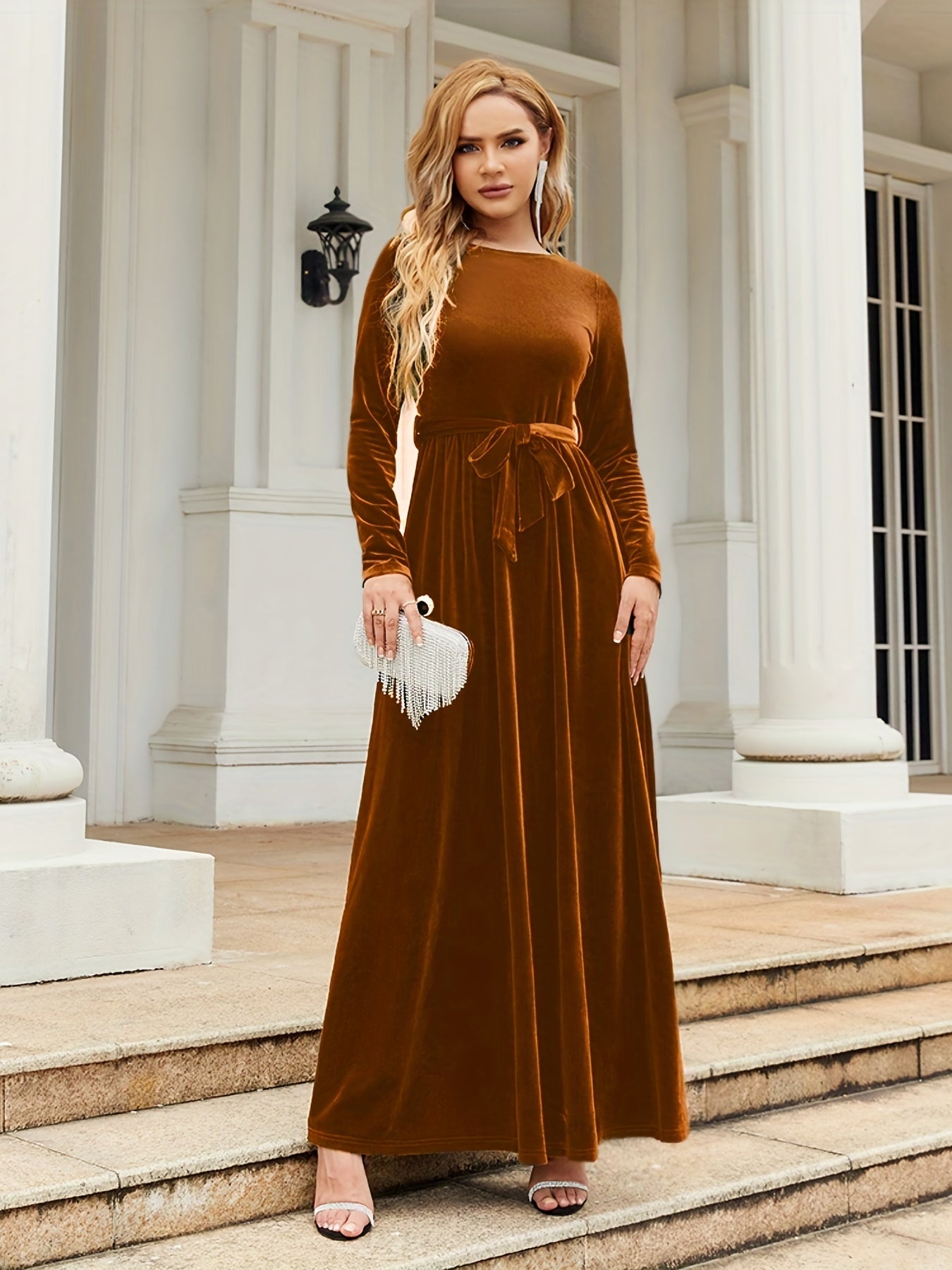 Solid Belted Ankle Dress, Elegant Boat Neck Long Sleeve Dress, Women's Clothing