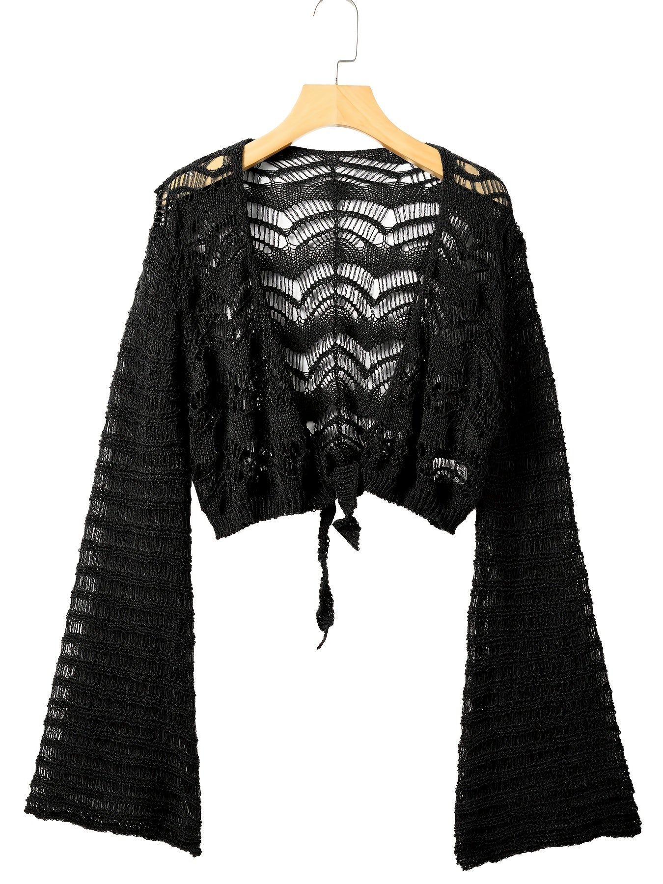 vlovelaw vlovelaw Crochet Cropped Knit Cardigan, Boho Flared Sleeve Solid Sweater, Women's Clothing