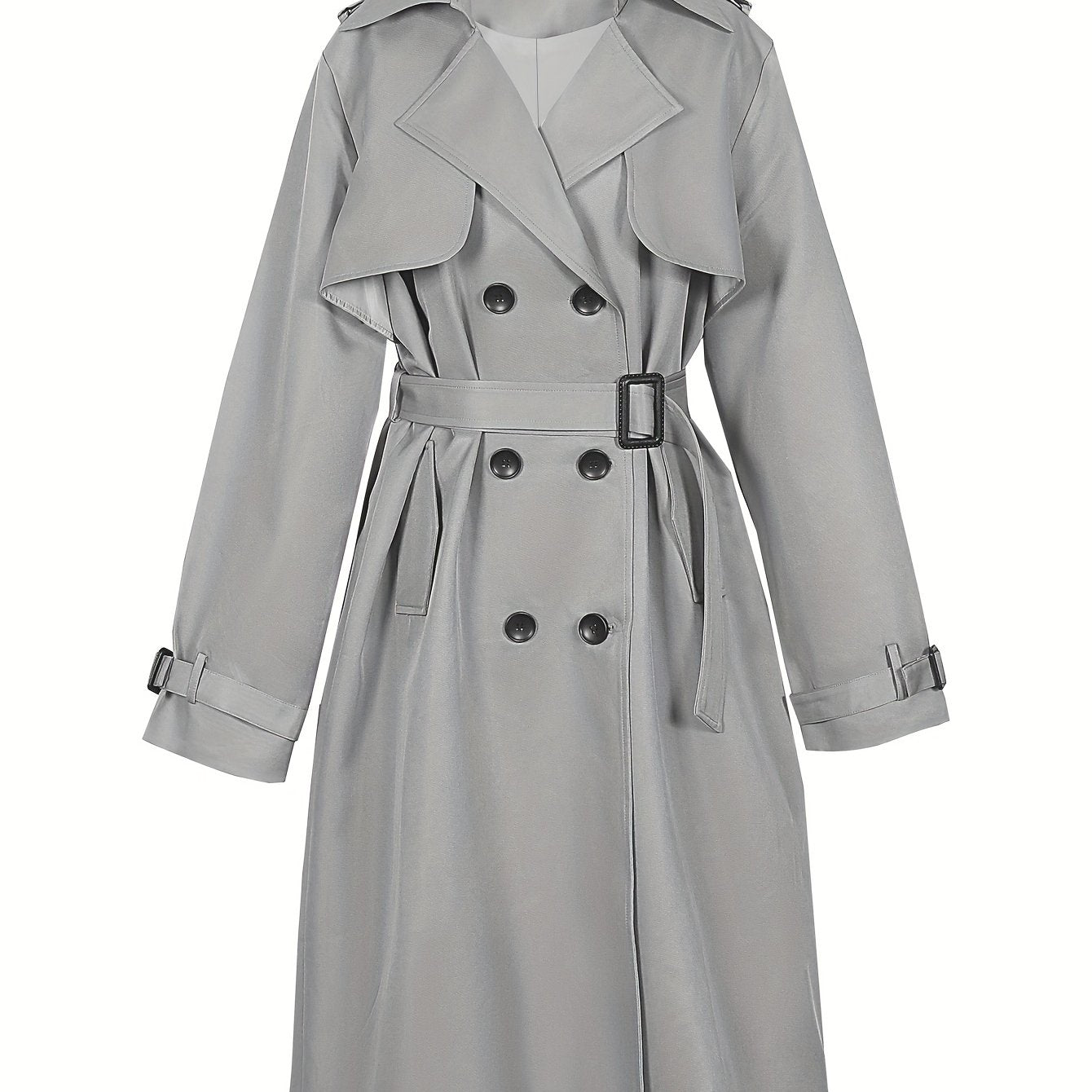 vlovelaw Plus Size Casual Coat, Women's Plus Solid Long Sleeve Lapel Collar Double Button Buckle Overcoat With Belt
