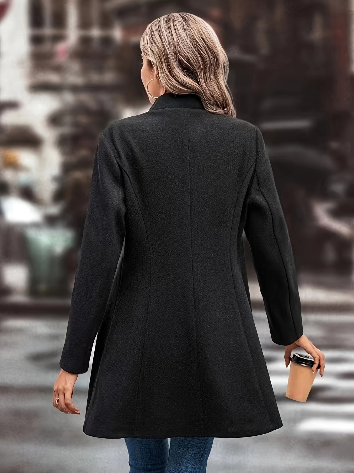 Solid Button Front Lapel Overcoat, Elegant Long Sleeve Winter Outwear, Women's Clothing