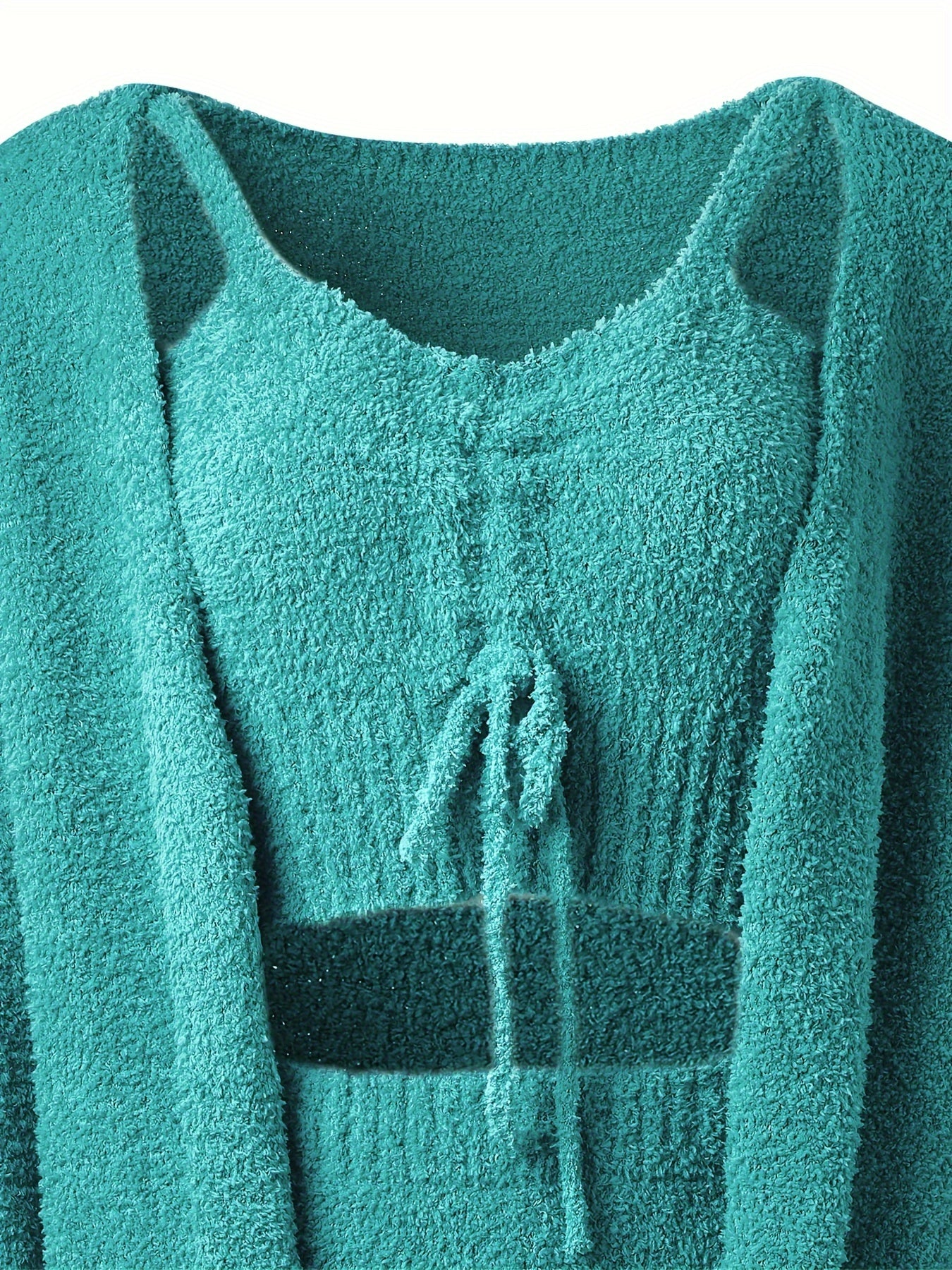 vlovelaw  Fuzzy Solid Casual Three-piece Set, Open Front Long Sleeve Top & Drawstring V Neck Tank Top & Slim Shorts Outfits, Women's Clothing