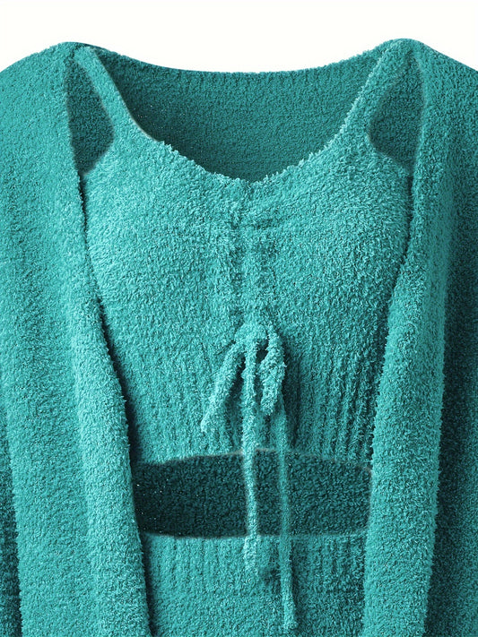 vlovelaw  Fuzzy Solid Casual Three-piece Set, Open Front Long Sleeve Top & Drawstring V Neck Tank Top & Slim Shorts Outfits, Women's Clothing