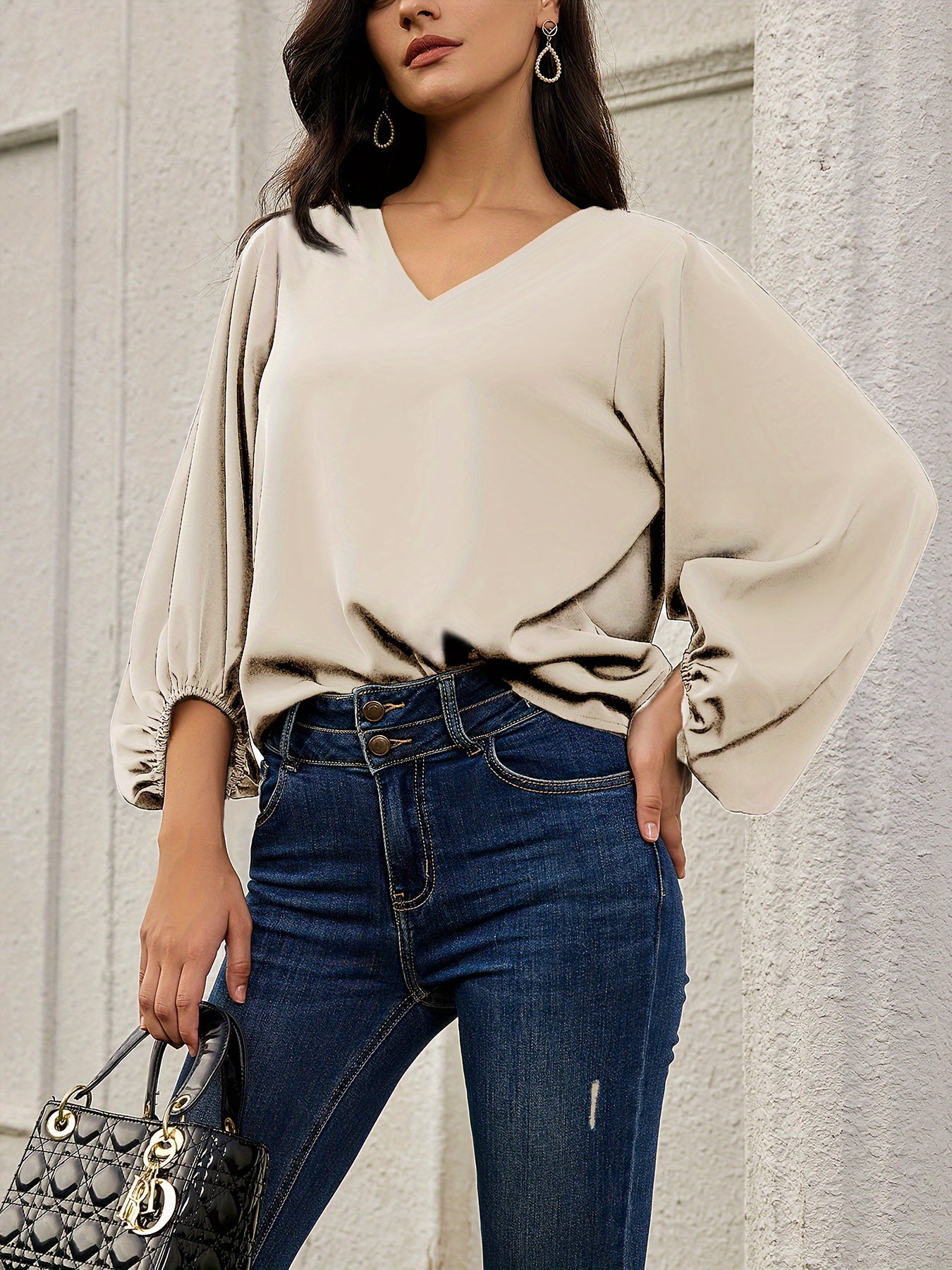 Solid V Neck Blouse, Elegant Lantern Sleeve Blouse For Spring & Fall, Women's Clothing