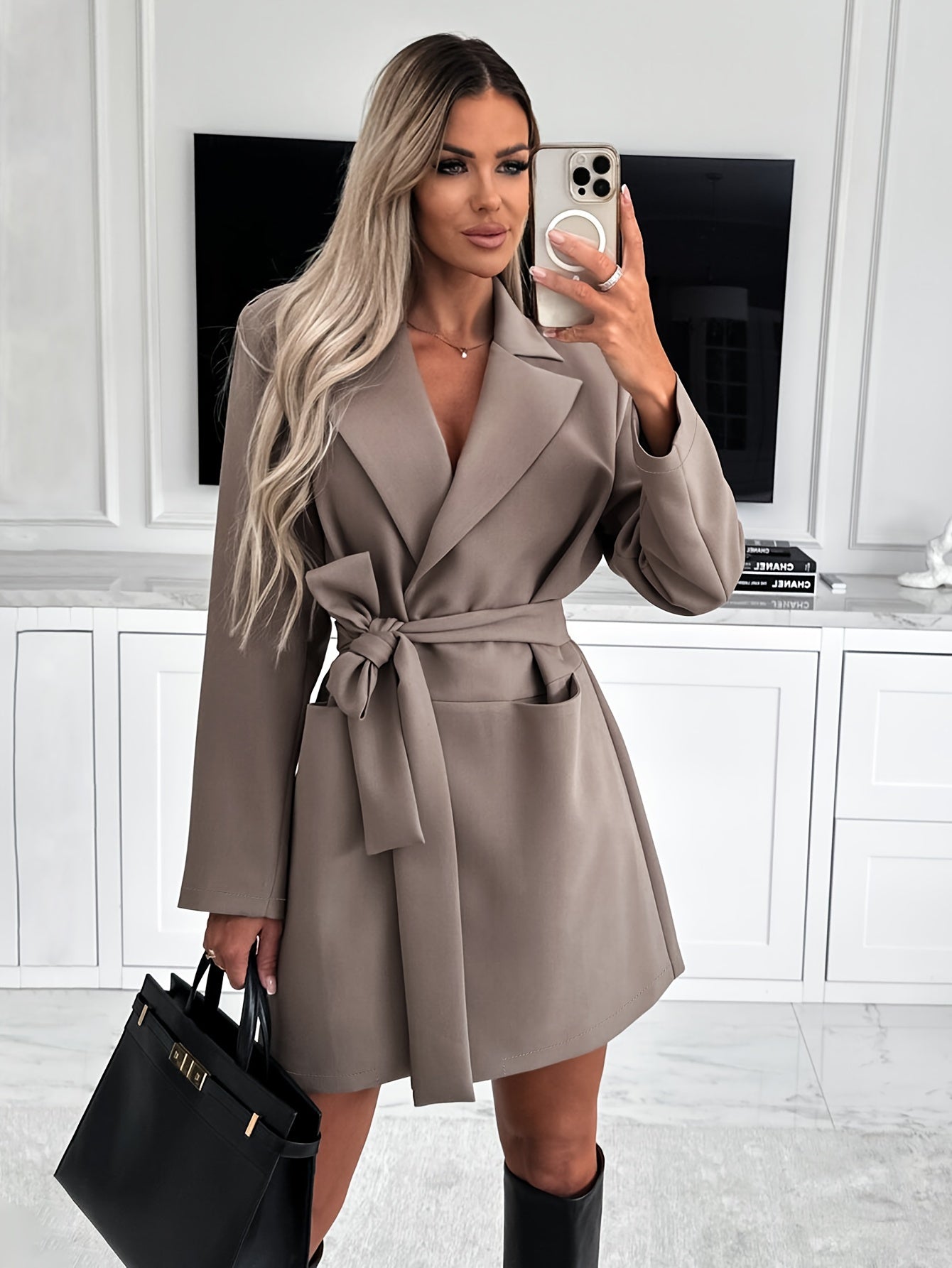 Belted Lapel Wrap Coat, Solid Elegant Casual Coat For Fall & Spring, Women's Clothing