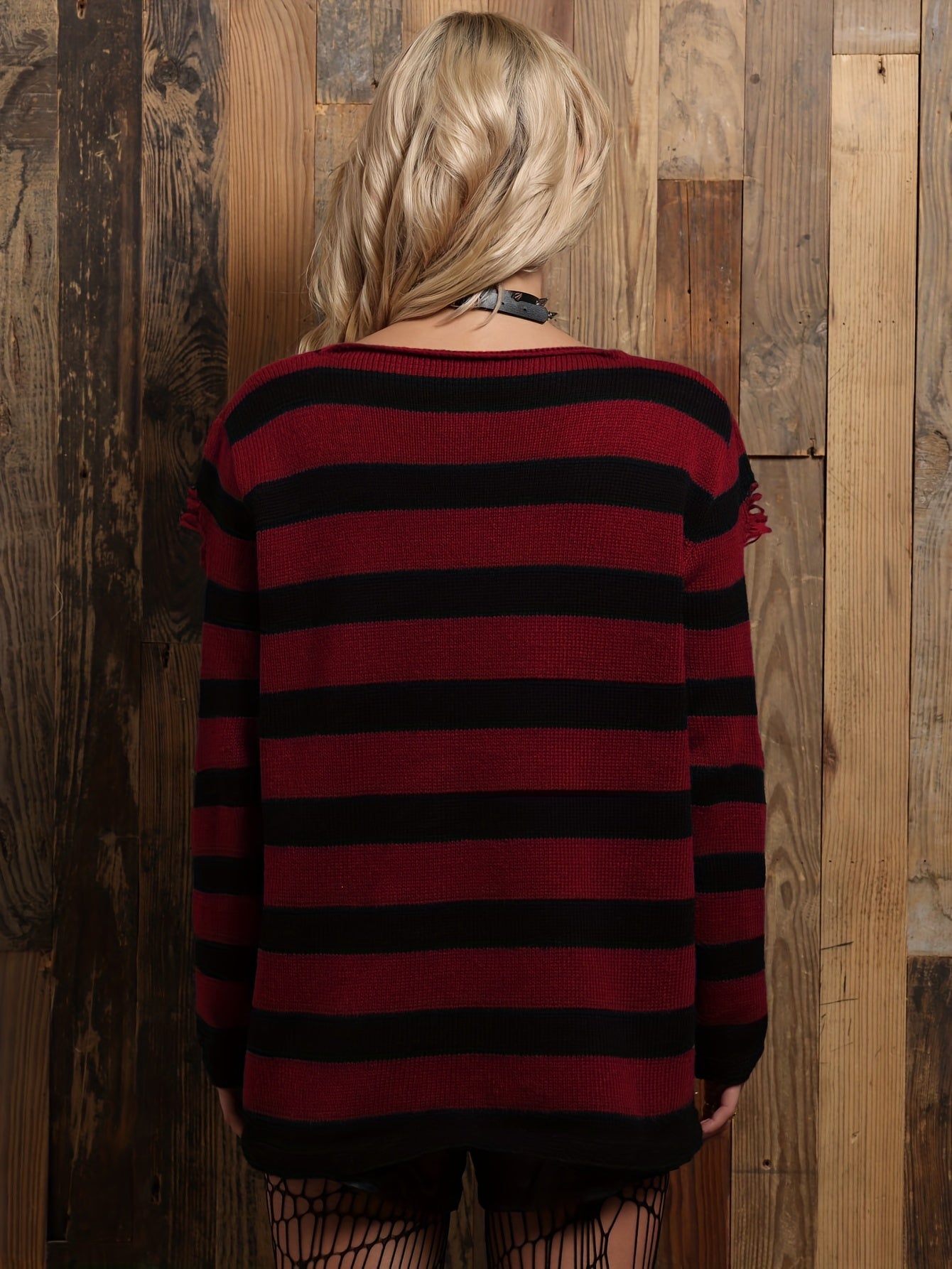 vlovelaw Grunge Striped Print Ripped Knit Sweater, Street Wear Long Sleeve Sweater, Women's Clothing