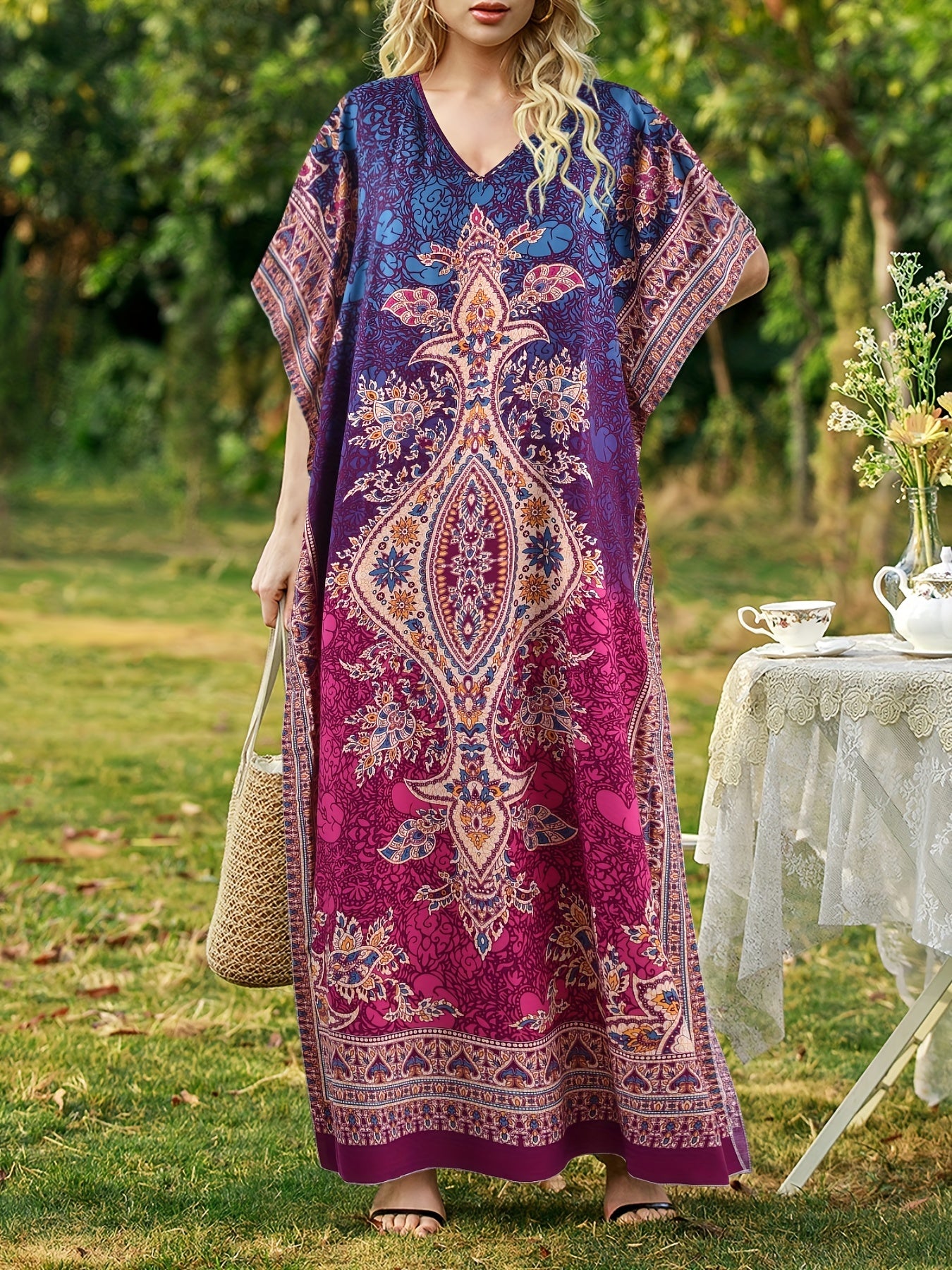 Graphic Print V-neck Dress, Casual Short Sleeve Split Dress For Spring & Summer, Women's Clothing